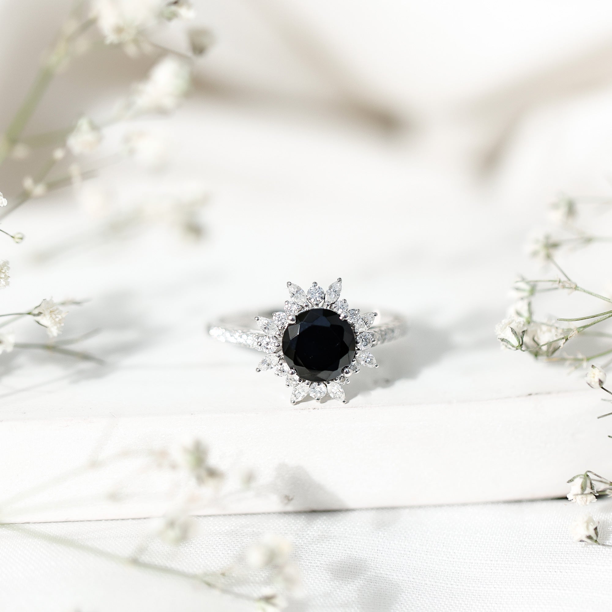 Certified Black Onyx and Moissanite Statement Engagement Ring AAA - Rosec Jewels