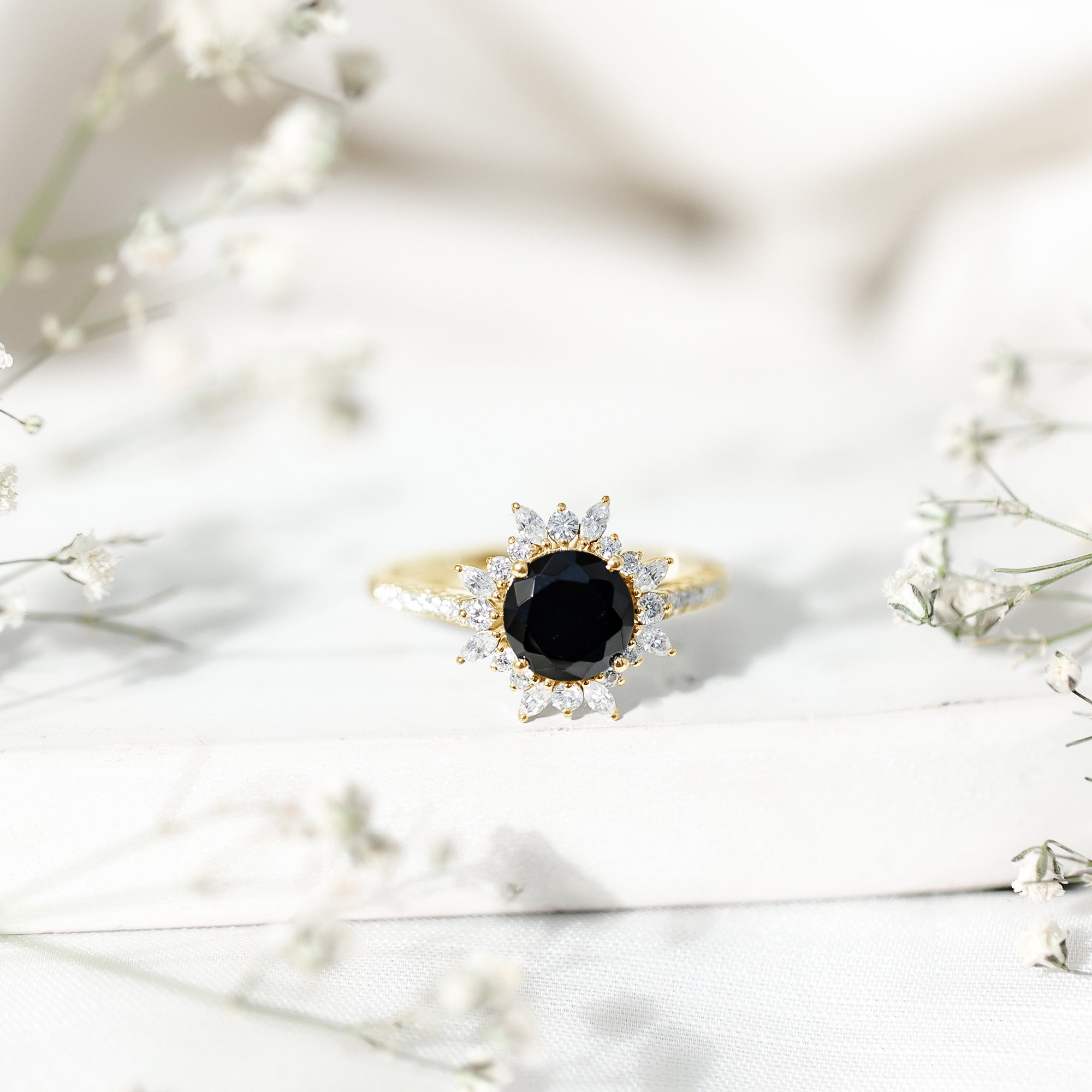 Certified Black Onyx and Moissanite Statement Engagement Ring AAA - Rosec Jewels