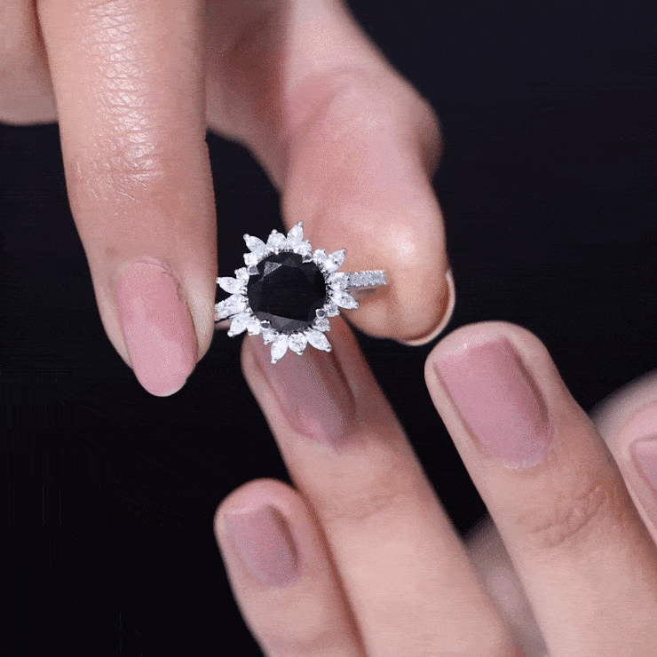 Round Created Black Diamond Statement Ring with Moissanite Floral Halo Lab Created Black Diamond - ( AAAA ) - Quality - Rosec Jewels
