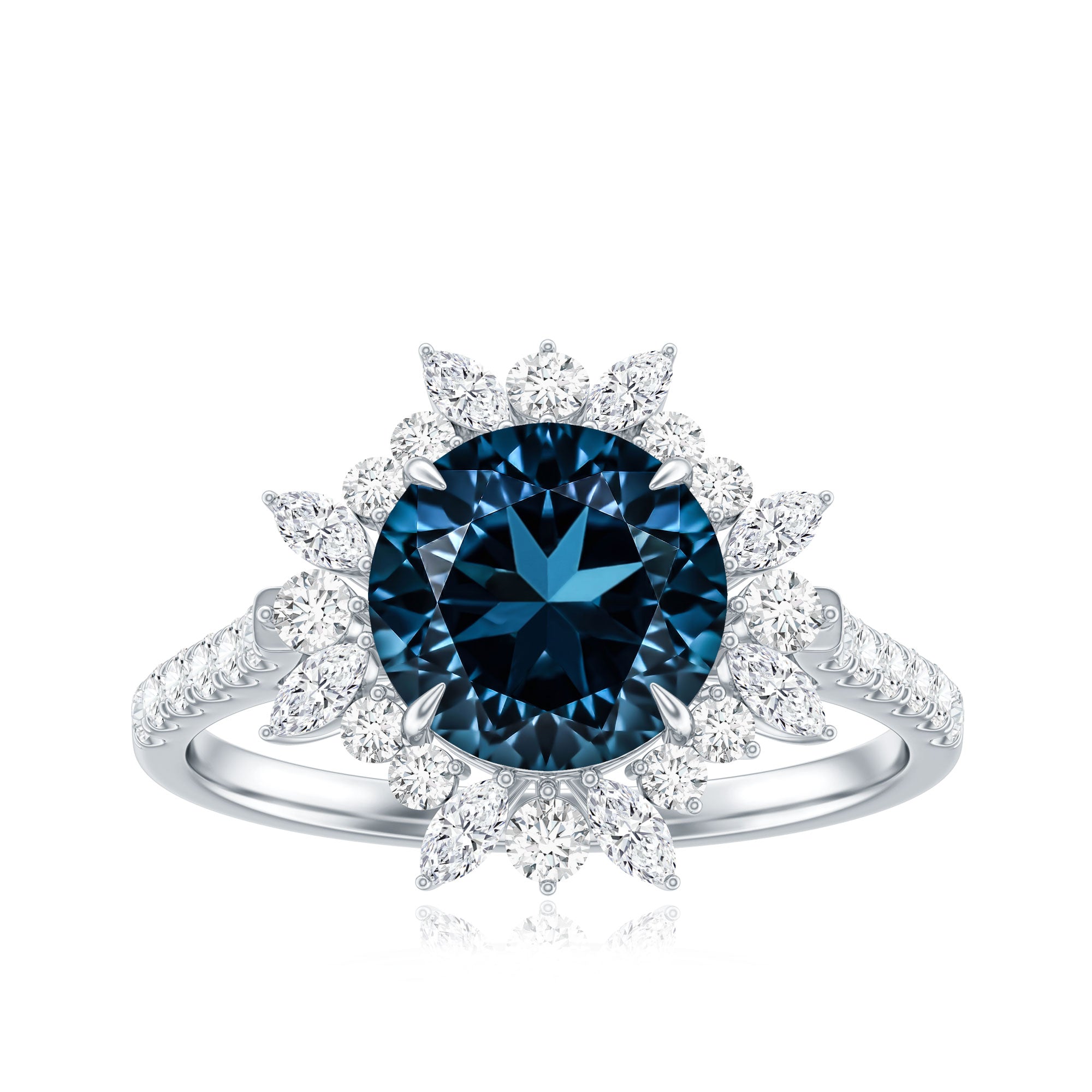 Certified London Blue Topaz and Diamond Statement Engagement Ring AAA - Rosec Jewels