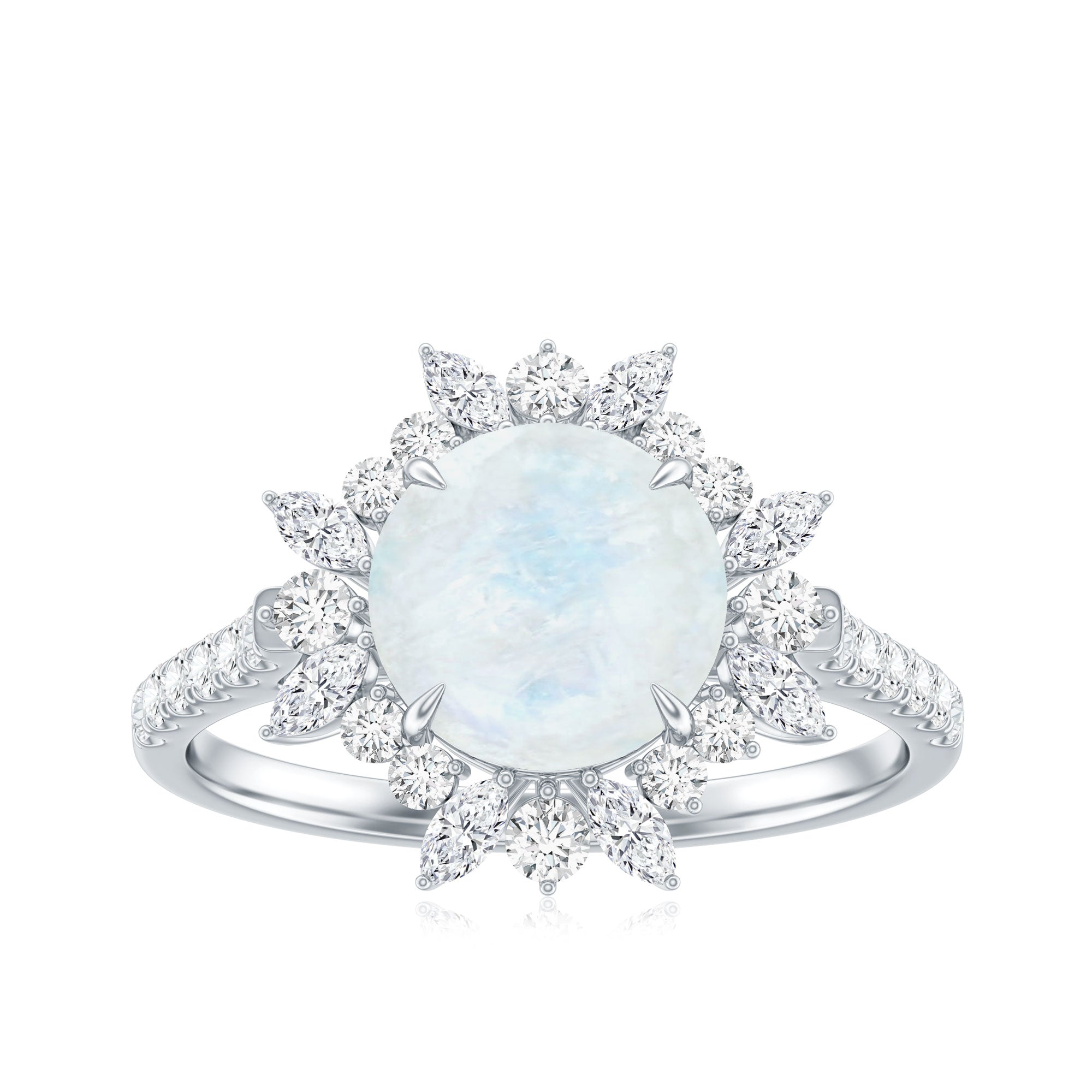 Round Moonstone Statement Ring with Moissanite Floral Halo AAA - Rosec Jewels