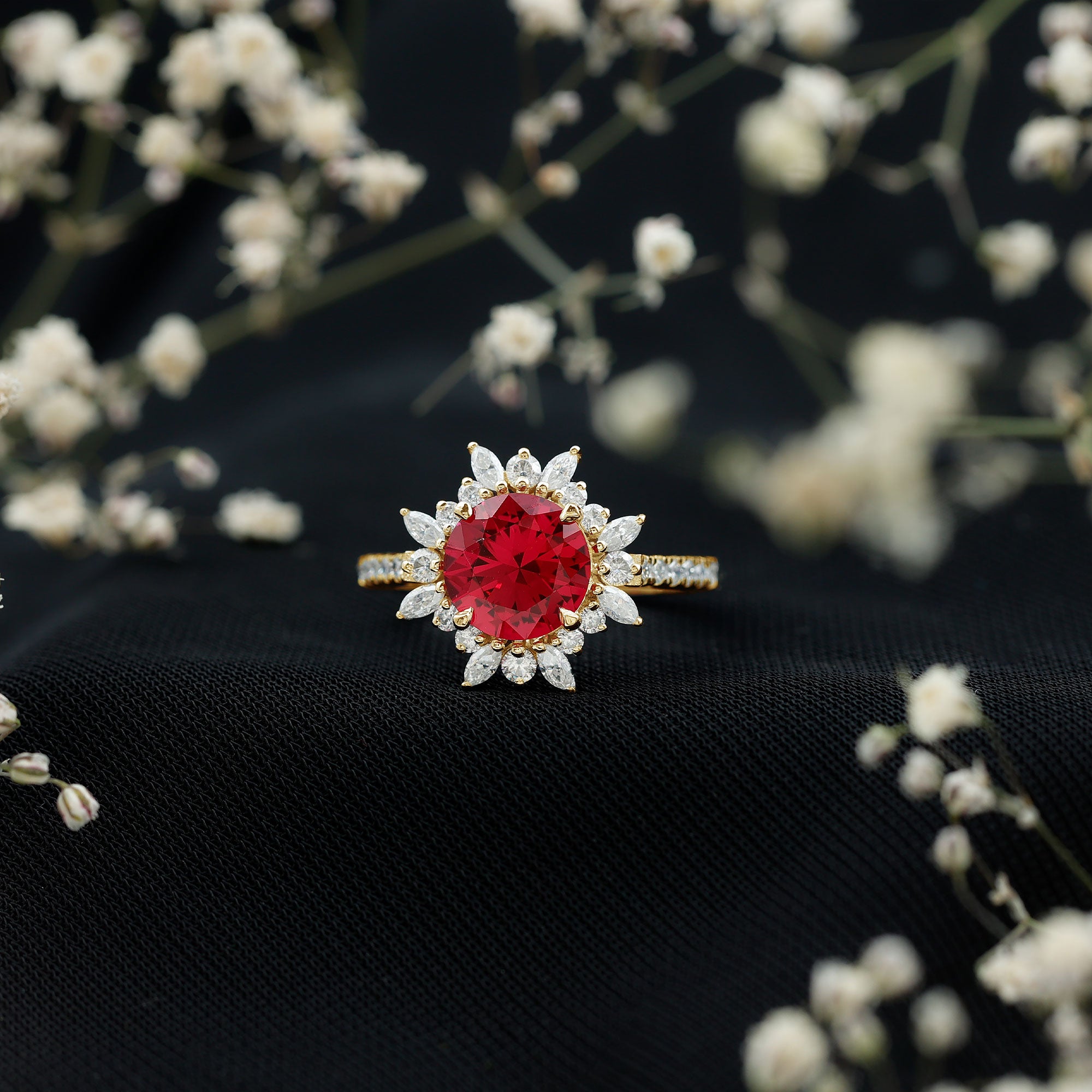 Certified 2.35 Carat Lab Grown Ruby and Diamond Engagement Ring AAAA 14K Yellow Gold Plated Silver - Rosec Jewels