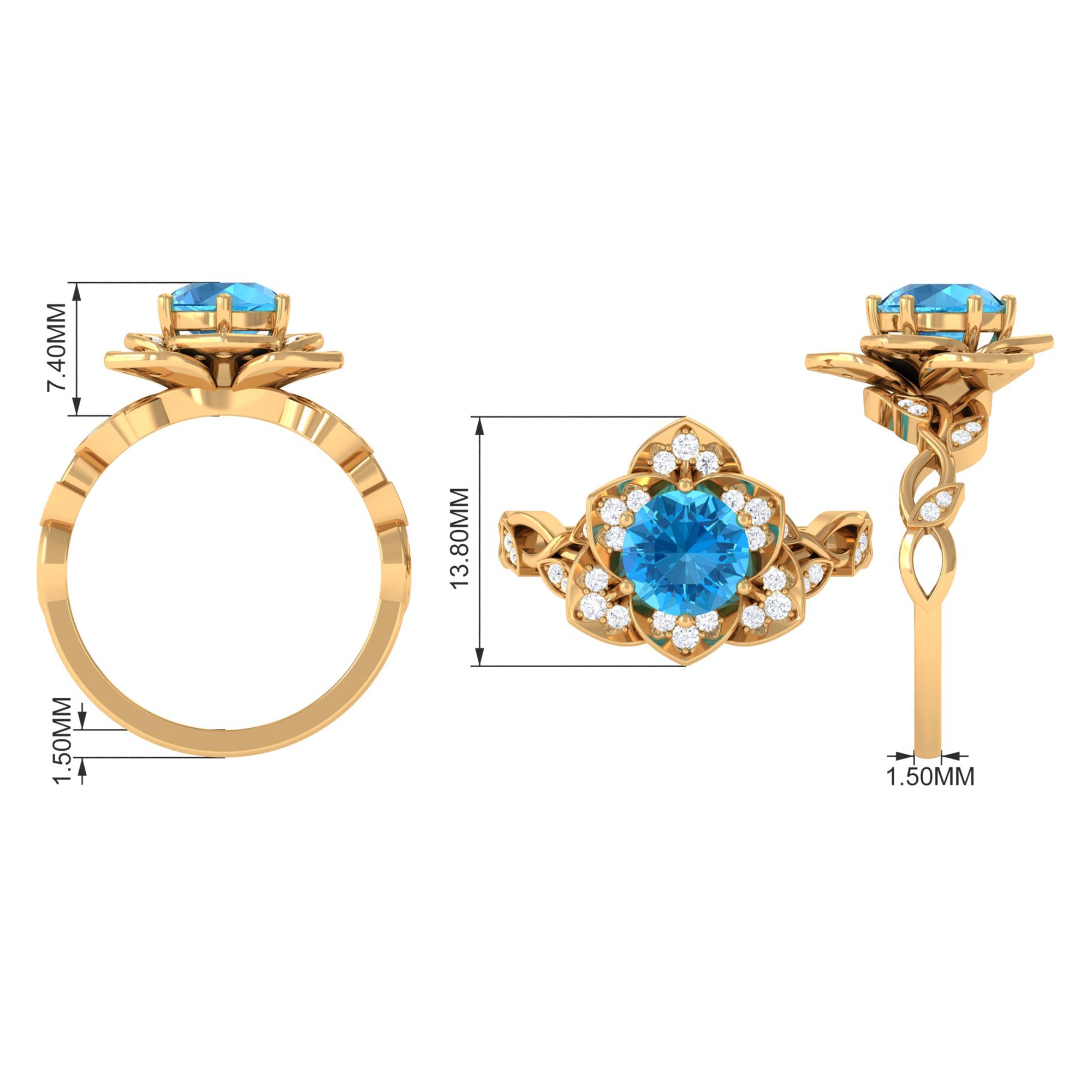2 CT Swiss Blue Topaz Floral Engagement Ring with Diamond Accent Swiss Blue Topaz - ( AAA ) - Quality - Rosec Jewels