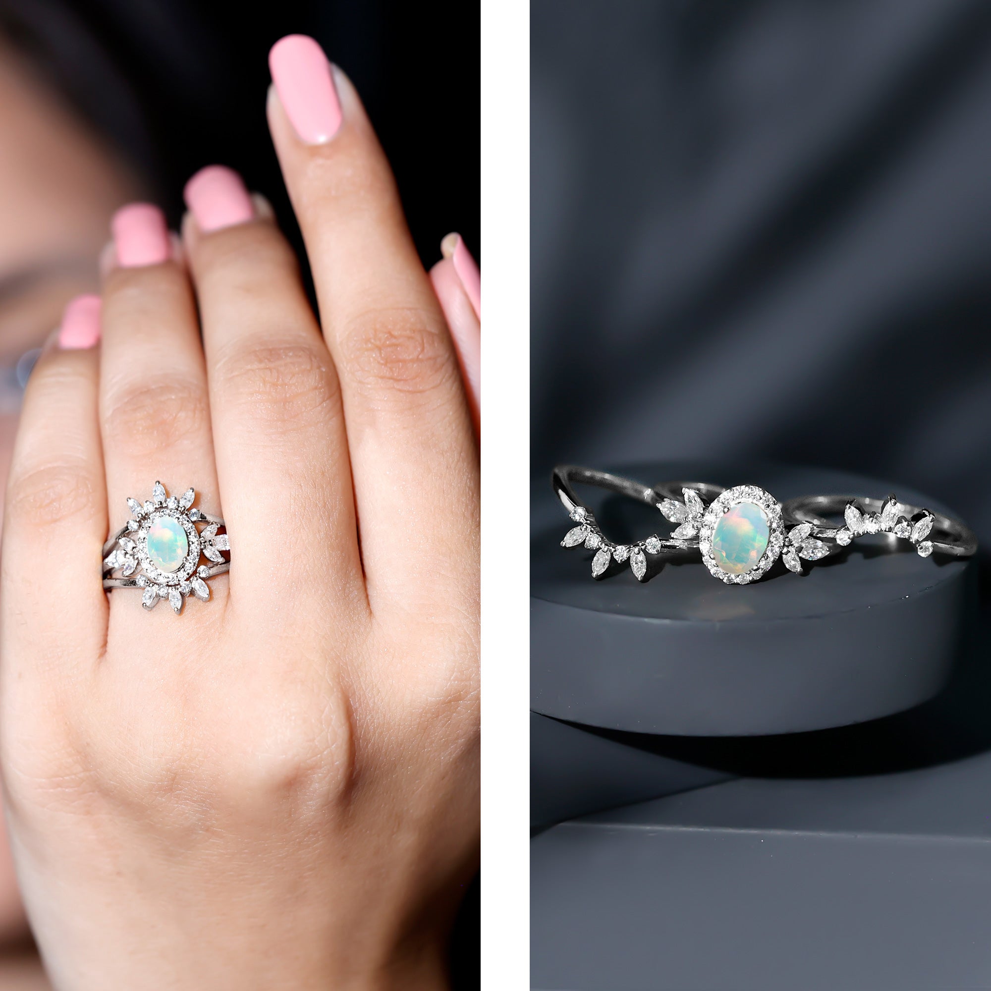 0.9 Carat Natural Certified Ethiopian Opal Engagement Ring Set of
