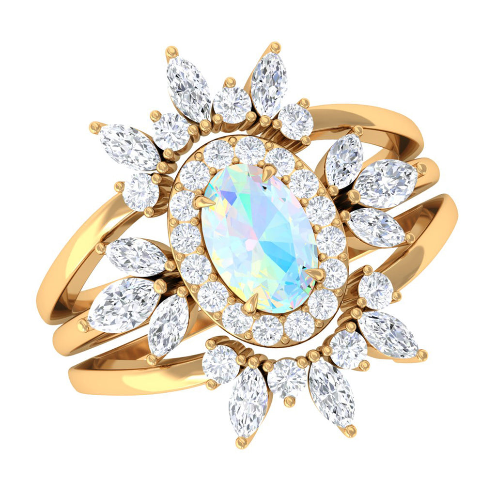Rosec Jewels-Trio Wedding Ring Set with Oval Ethiopian Opal and Moissanite