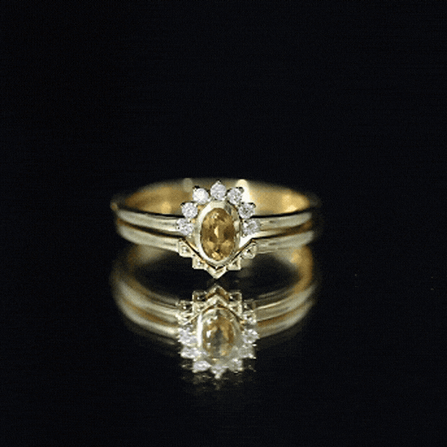 Natural Oval Citrine Promise Ring Set with Diamond AAA 14K Yellow Gold Plated Silver - Rosec Jewels