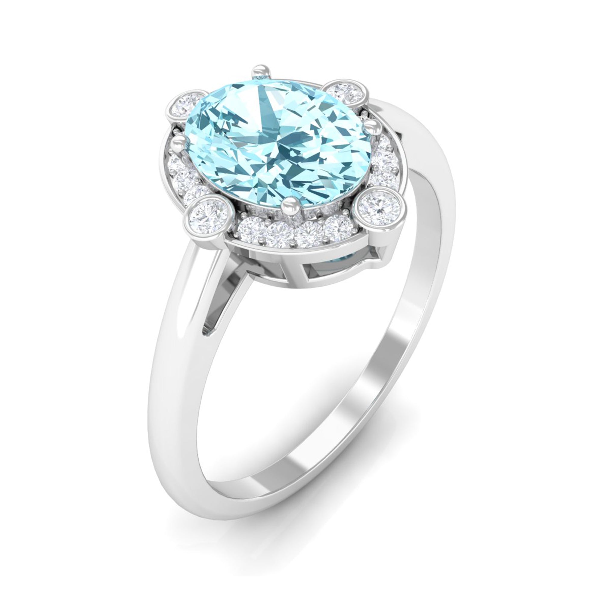 1 Carat Aquamarine Oval Halo Engagement Ring with Diamond AAA - Rosec Jewels
