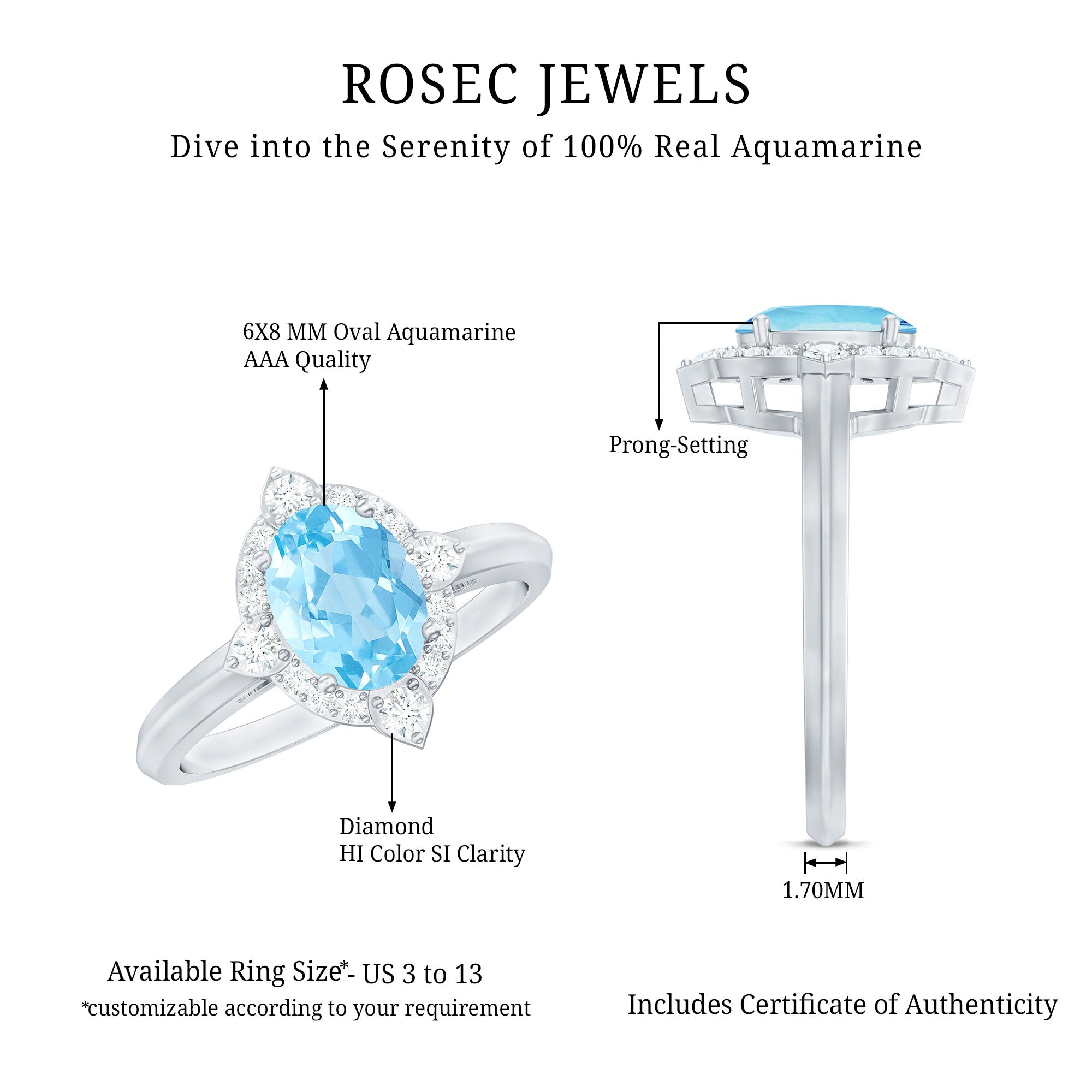 1 Carat Oval Engagement Ring with Real Aquamarine and Diamond AAA - Rosec Jewels
