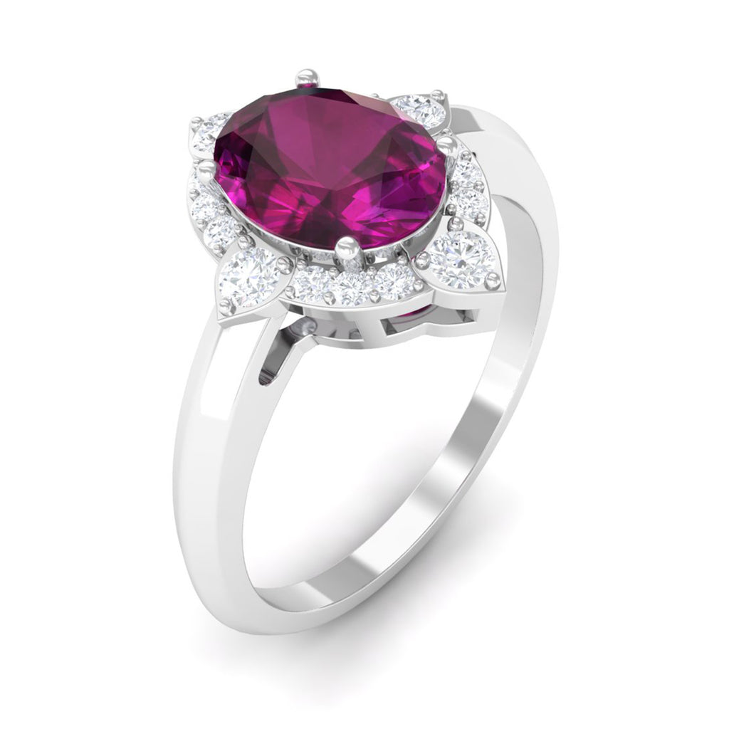 2 CT Art Deco Engagement Ring with Oval Shape Rhodolite and Diamond Accent Rhodolite - ( AAA ) - Quality - Rosec Jewels