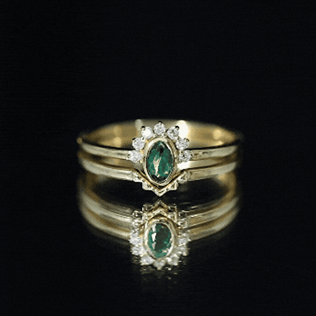 Oval Cut Lab Grown Emerald Wedding Ring Set with Diamond AAAA 14K Yellow Gold Plated Silver - Rosec Jewels