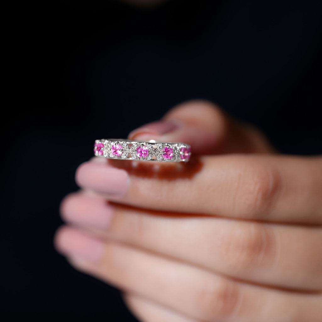 Rosec Jewels - Vintage Inspired Lab Grown Pink Sapphire and Diamond Wedding Band