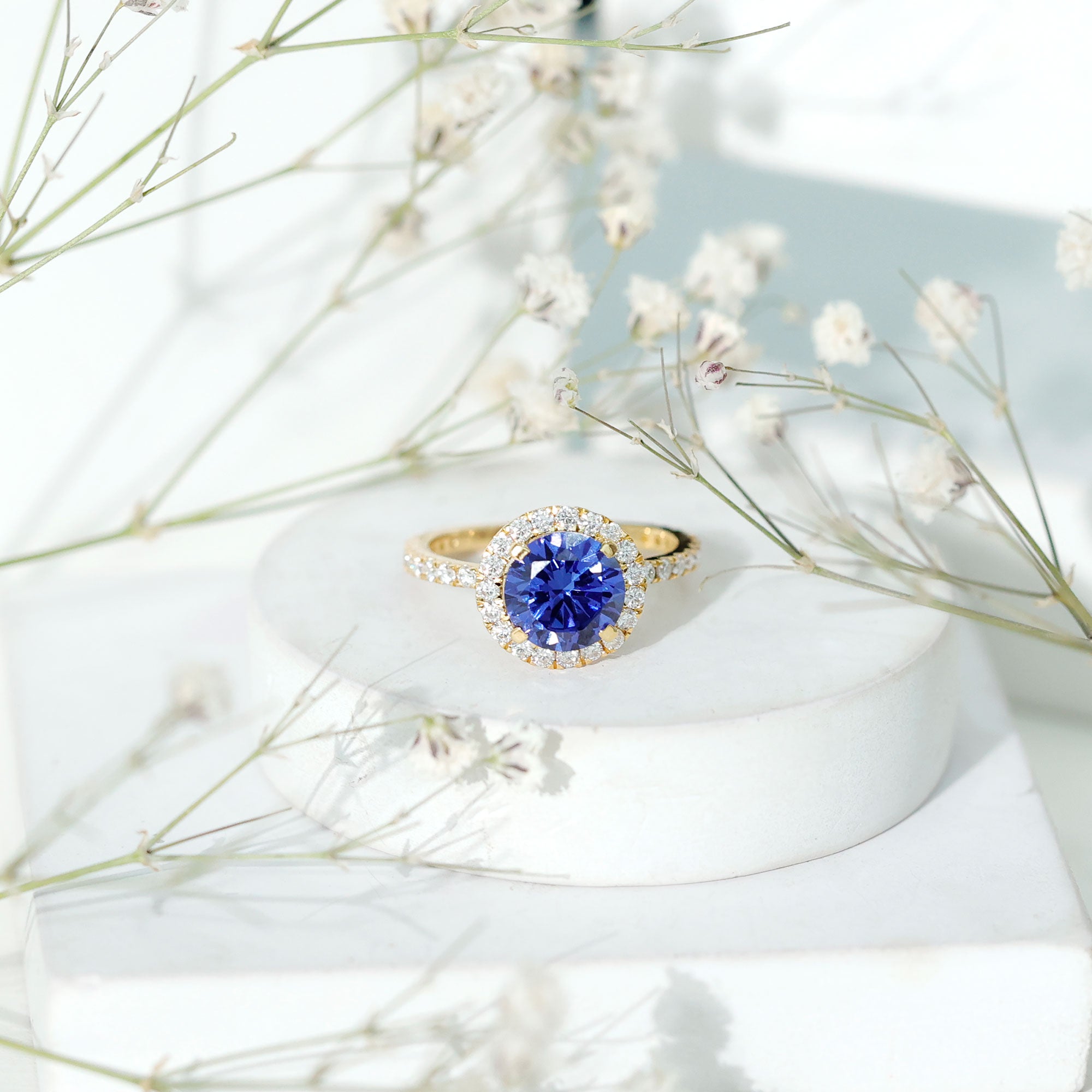 Certified 2.7 Carat Lab Grown Blue Sapphire Halo Engagement Ring with Moissanite AAAA - Rosec Jewels