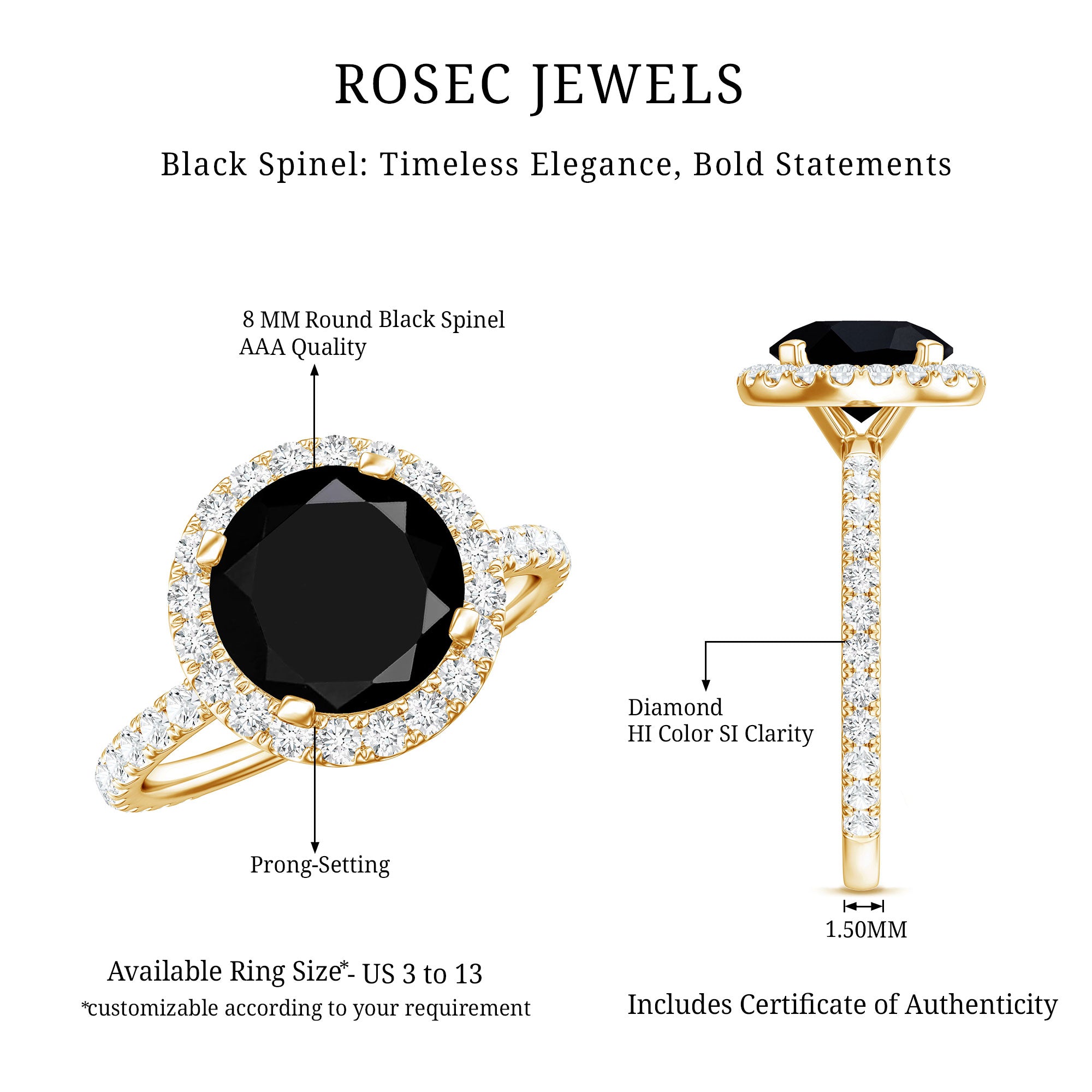 Rosec Jewels-Natural Black Spinel Engagement Ring with Diamond Halo