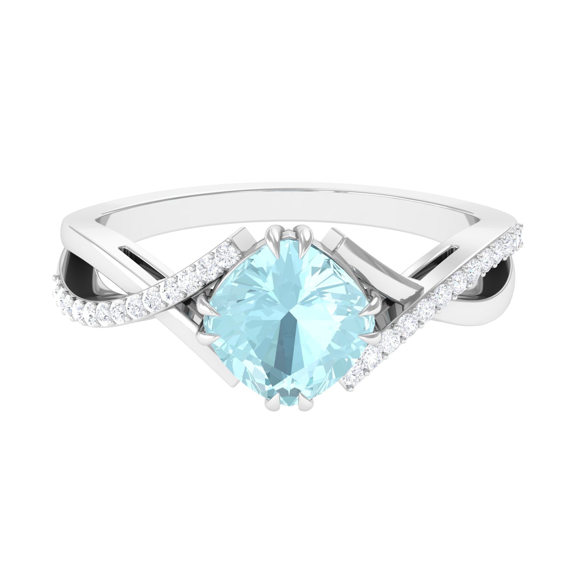Cushion Cut Sky Blue Topaz Crossover Engagement Ring with Diamond Sky Blue Topaz - ( AAA ) - Quality - Rosec Jewels