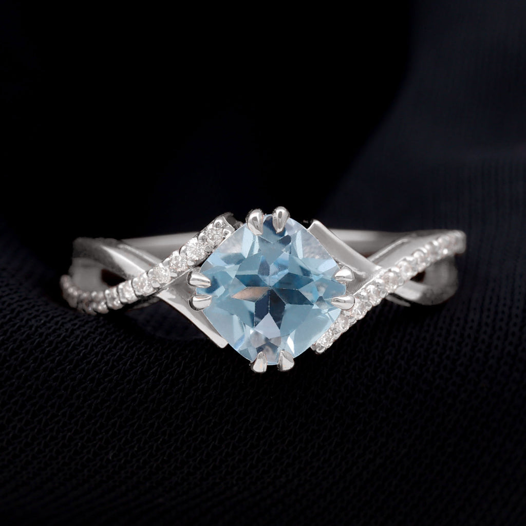 Cushion Cut Sky Blue Topaz Crossover Engagement Ring with Diamond Sky Blue Topaz - ( AAA ) - Quality - Rosec Jewels