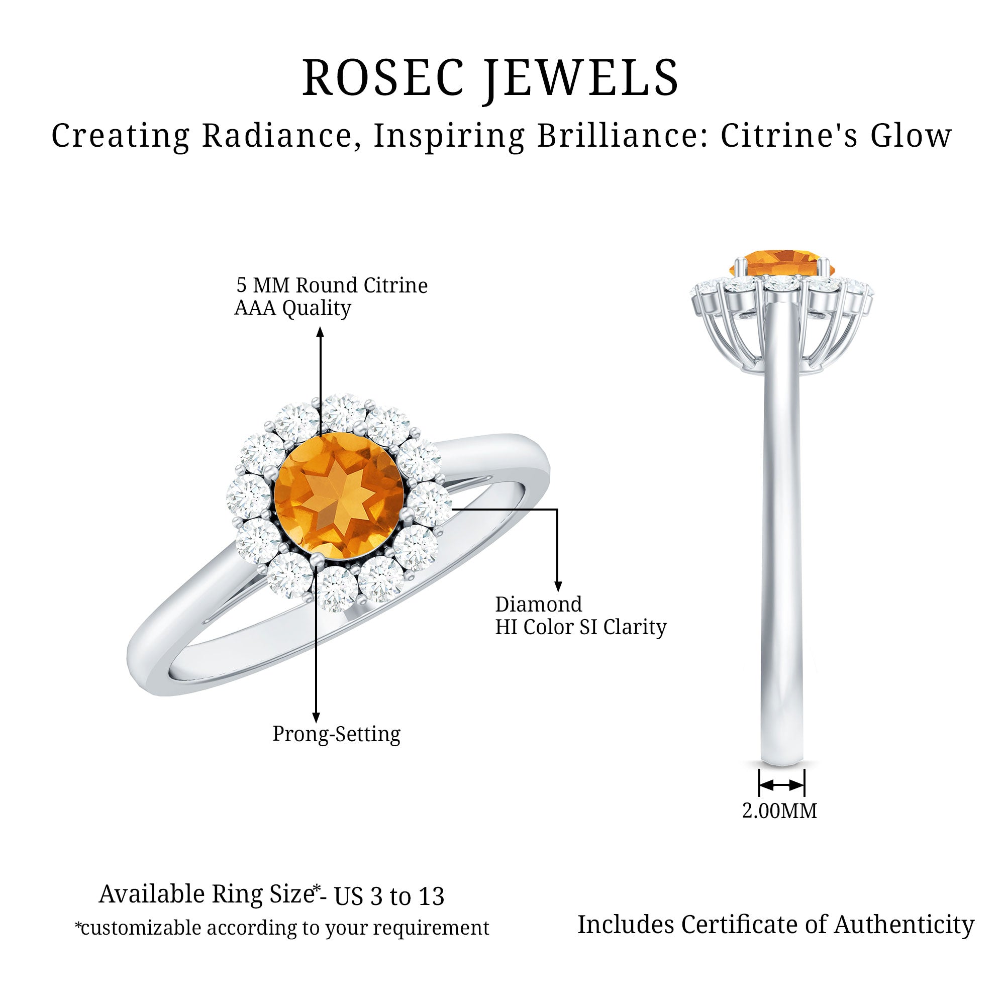 Rosec Jewels-Natural Citrine Promise Ring with Diamond Halo