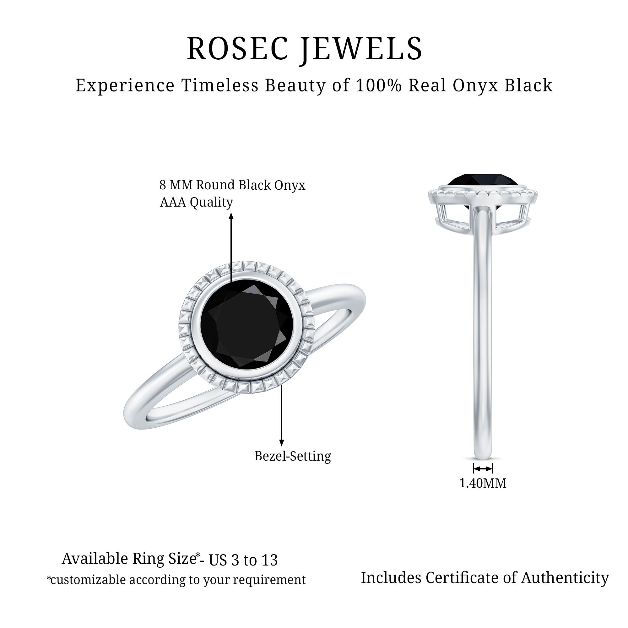 8mm Round Shape Black Onyx Solitaire Ring in Bezel Setting AAA - Rosec Jewels
