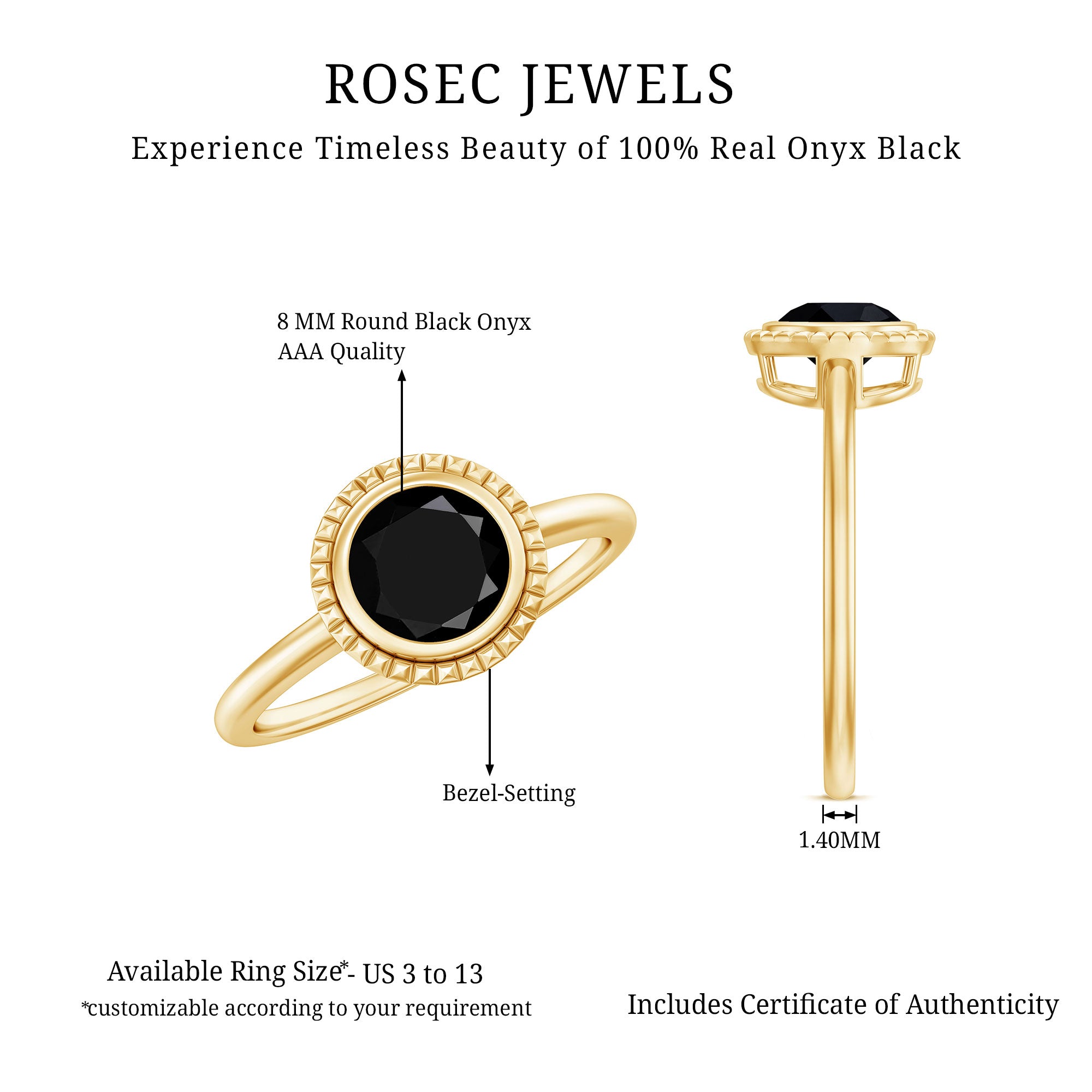 8mm Round Shape Black Onyx Solitaire Ring in Bezel Setting AAA - Rosec Jewels