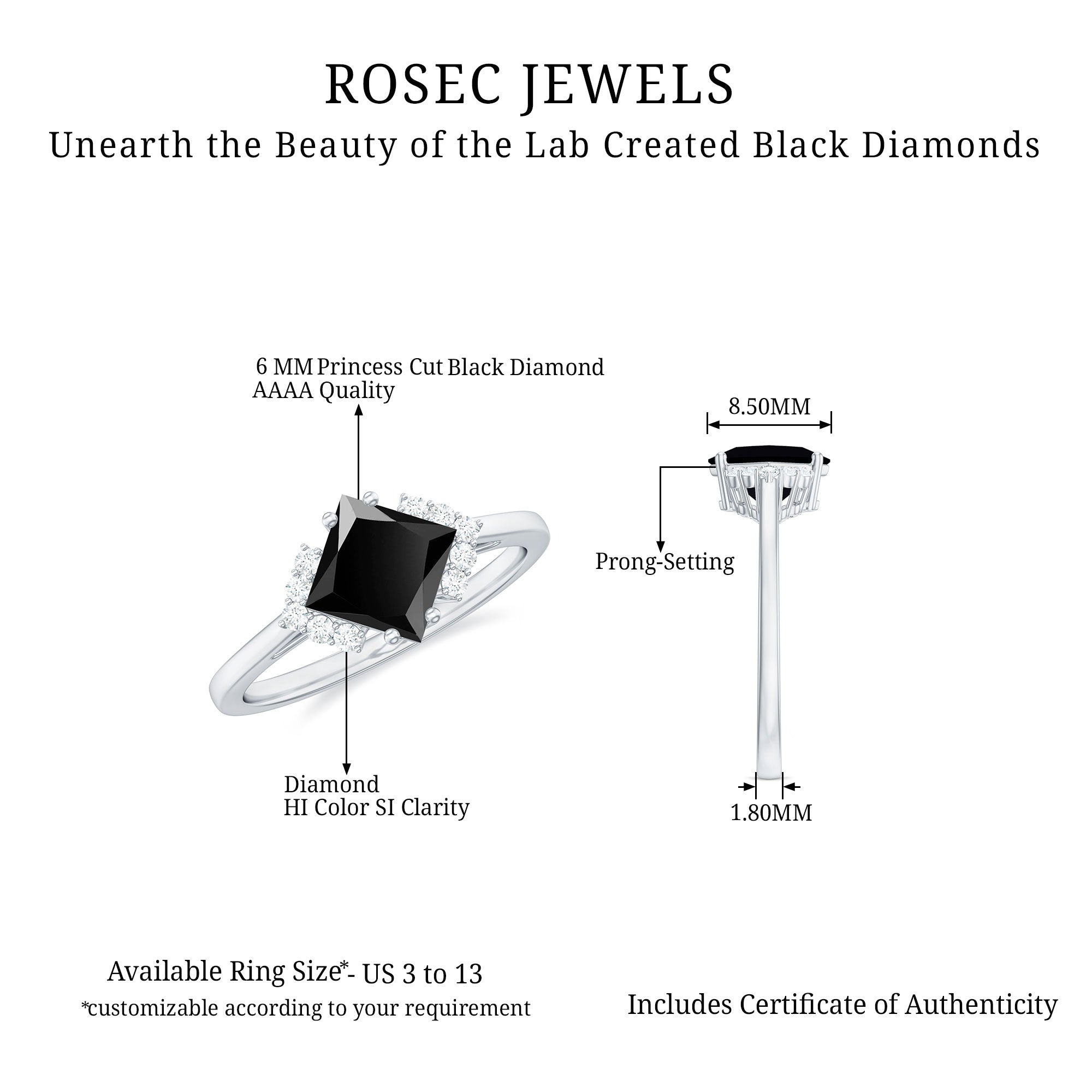 1 Carat Lab Grown Black and White Diamond Princess Cut Engagement Ring AAAA ( Synthetic ) - Rosec Jewels