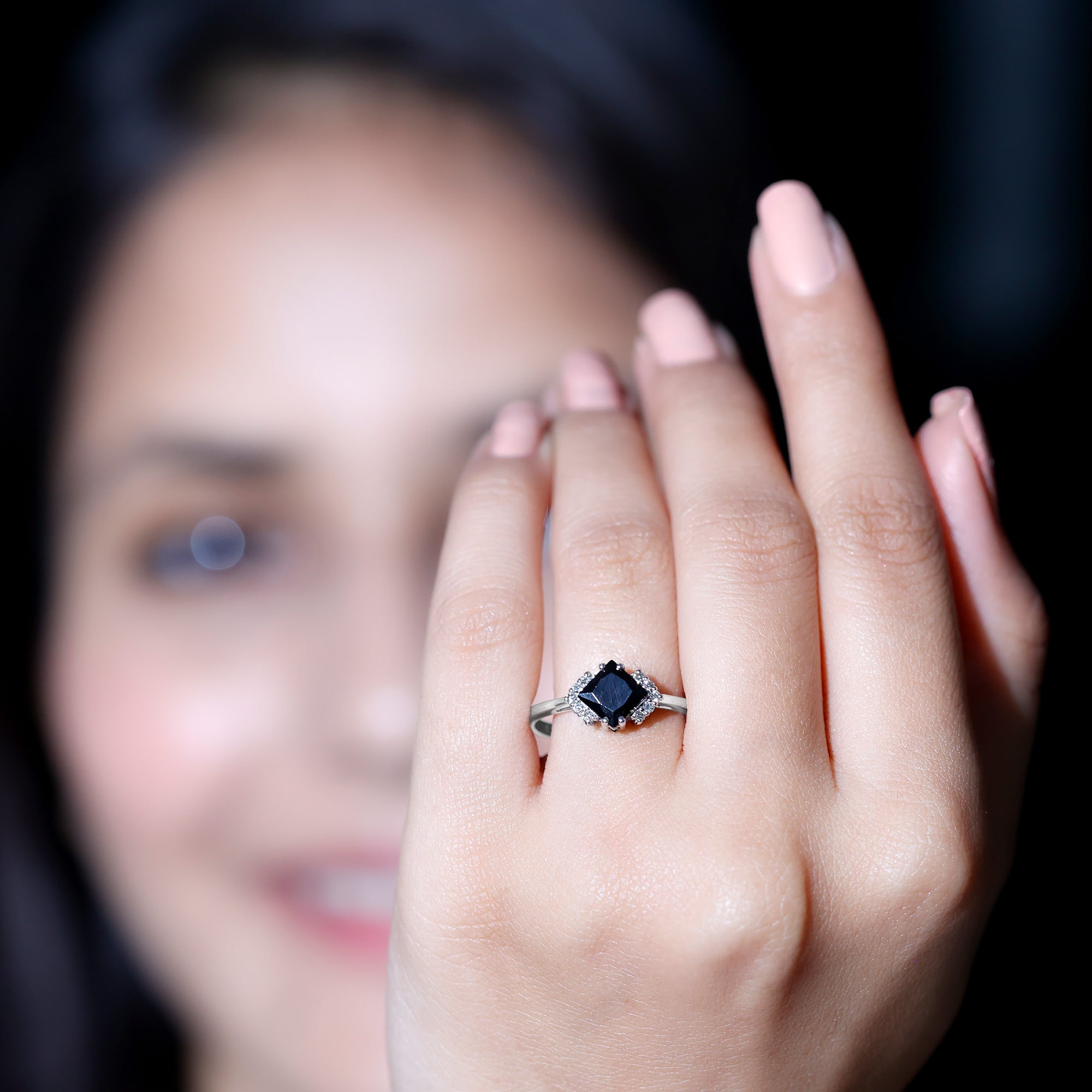 1 Carat Lab Grown Black and White Diamond Princess Cut Engagement Ring AAAA ( Synthetic ) - Rosec Jewels