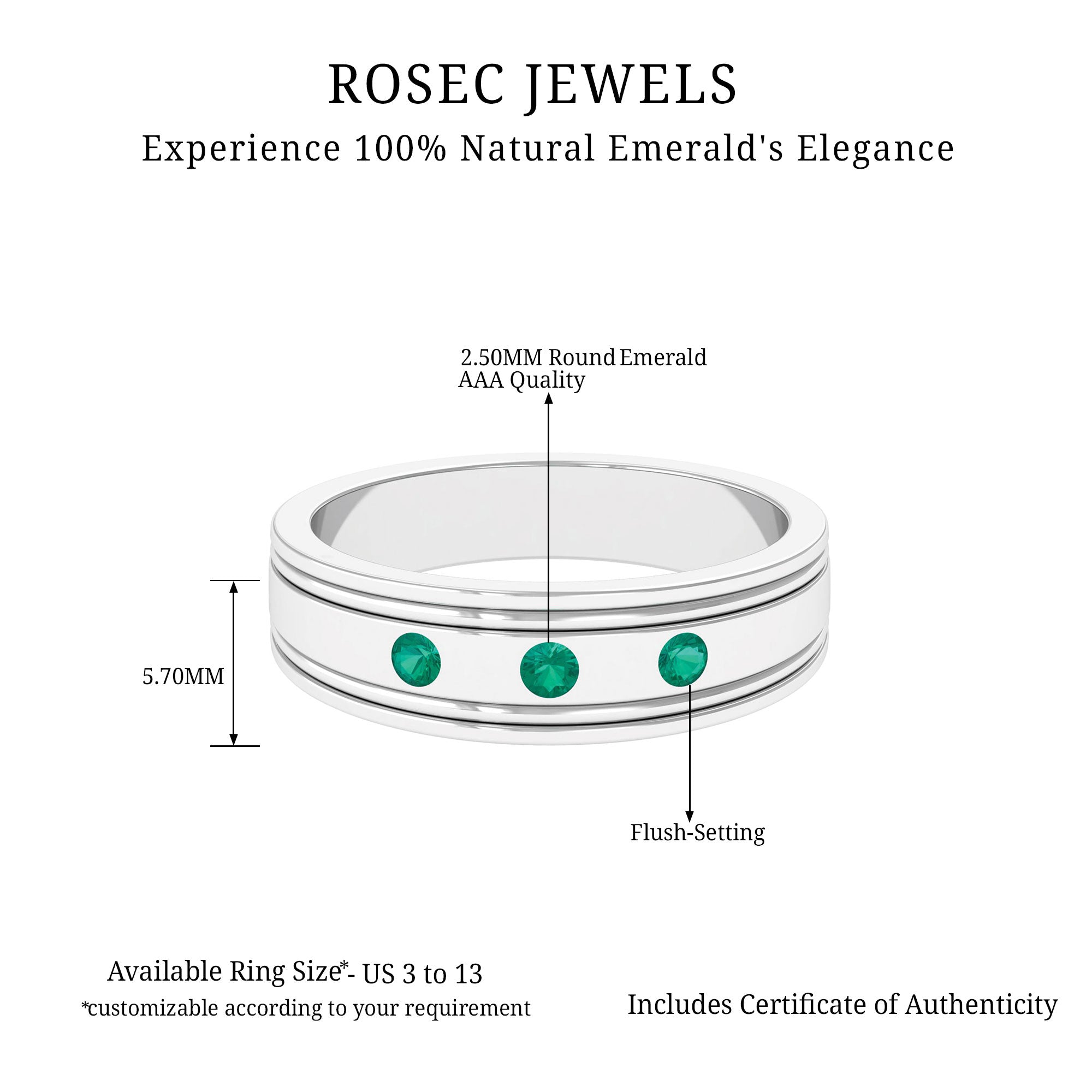 1/4 CT Real Emerald Modern Band Ring in Gypsy Setting Emerald - ( AAA ) - Quality - Rosec Jewels