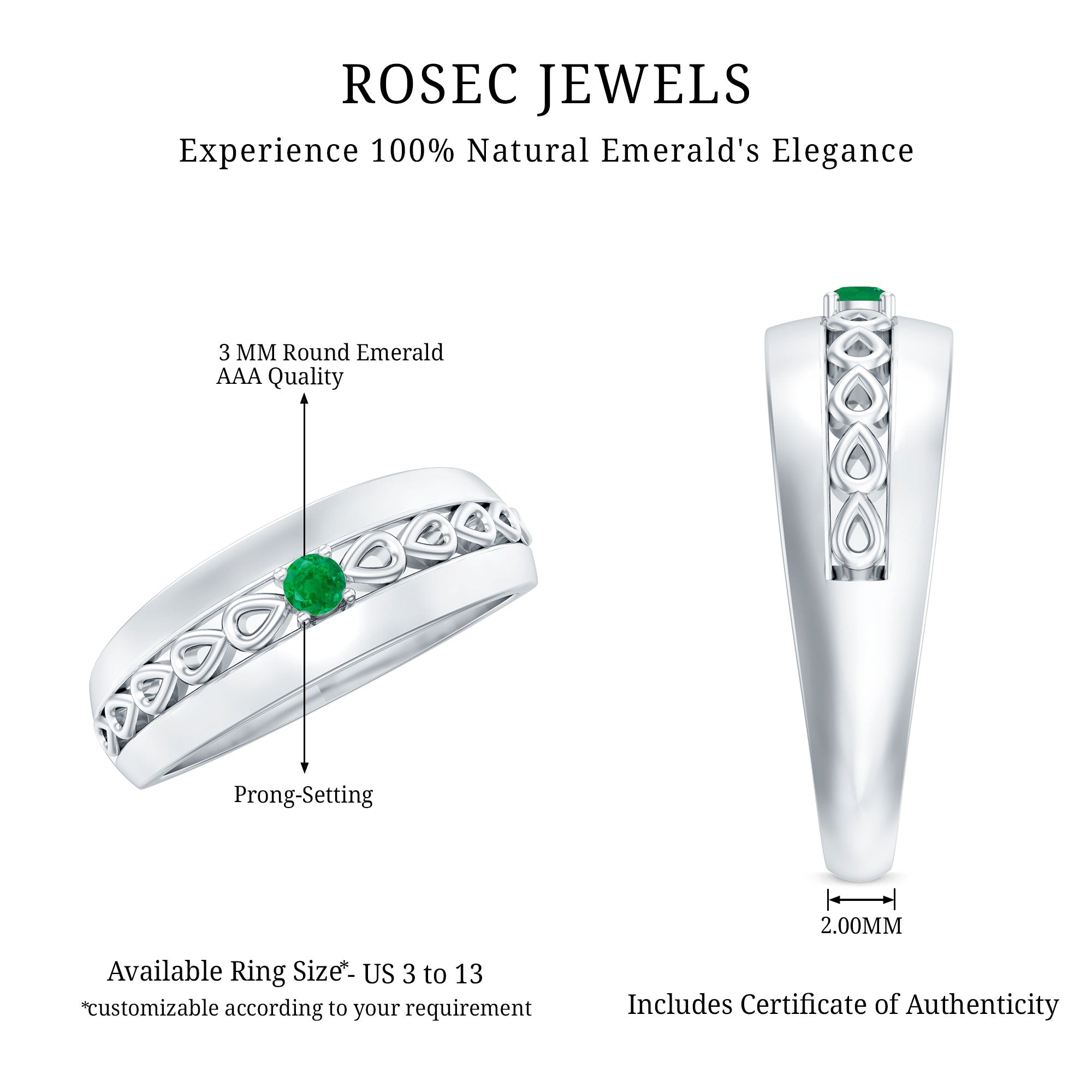 Certified Emerald Vintage Inspired Designer Band Ring AAA - Rosec Jewels