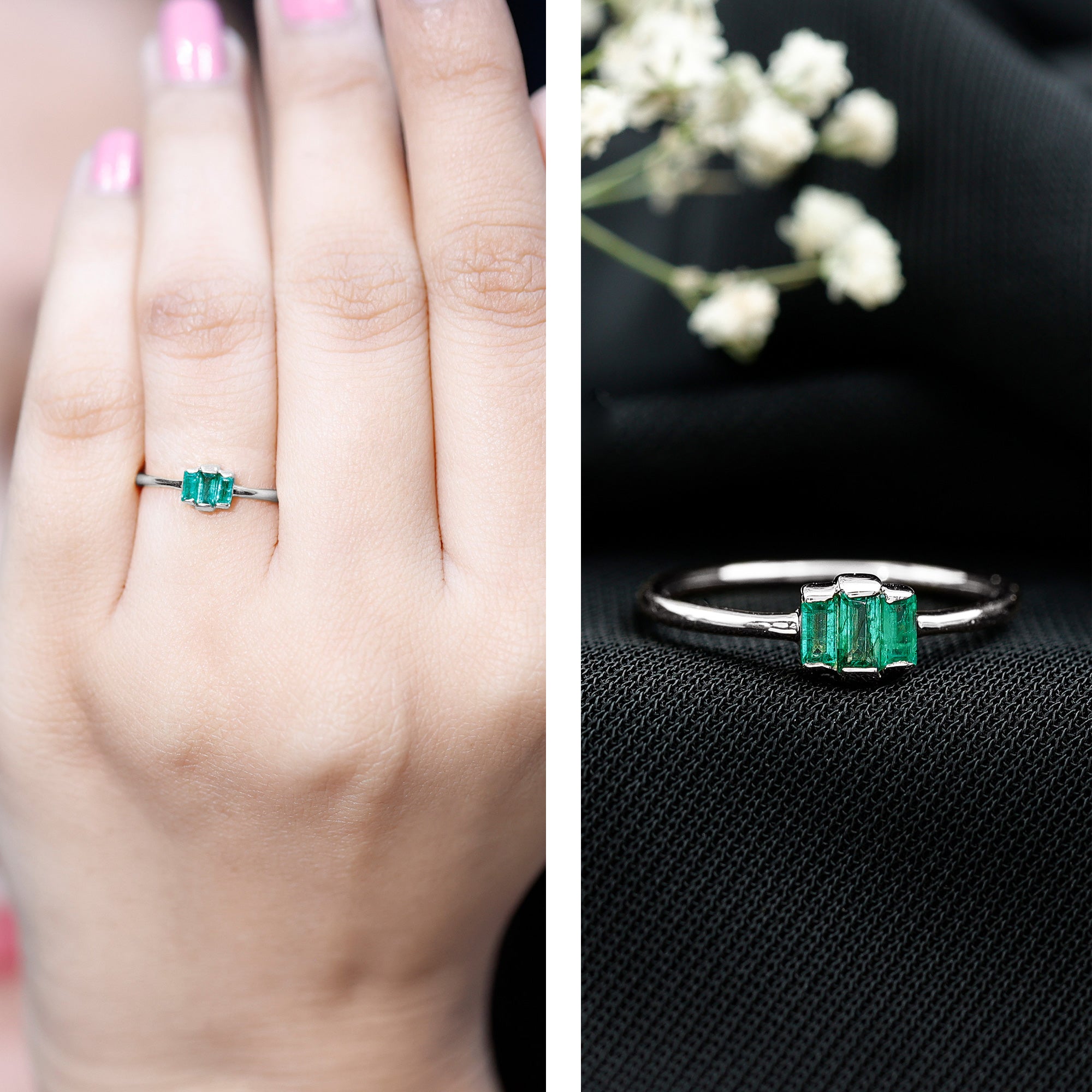 Baguette Cut Natural Emerald Three Stone Ring AAA - Rosec Jewels