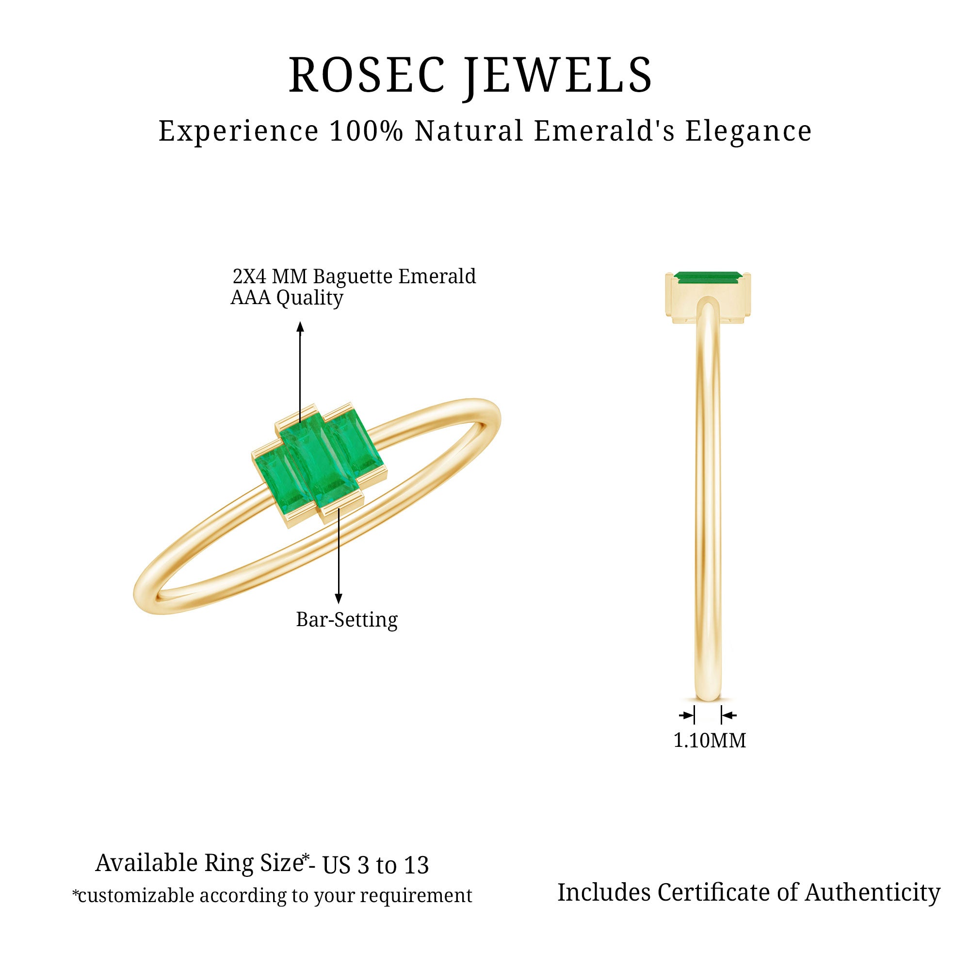 Baguette Cut Natural Emerald Three Stone Ring AAA - Rosec Jewels