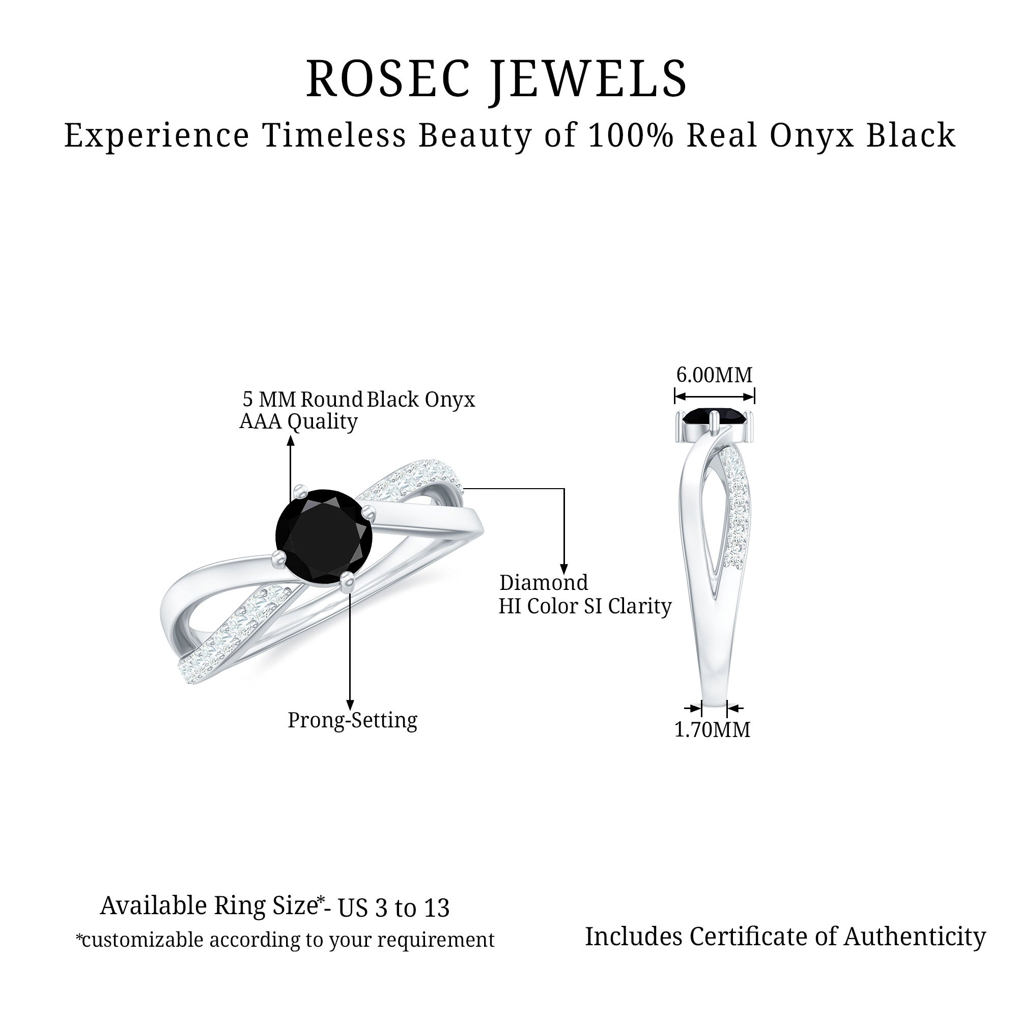 5mm Round Black Onyx Solitaire Infinity Ring with Diamond AAA - Rosec Jewels