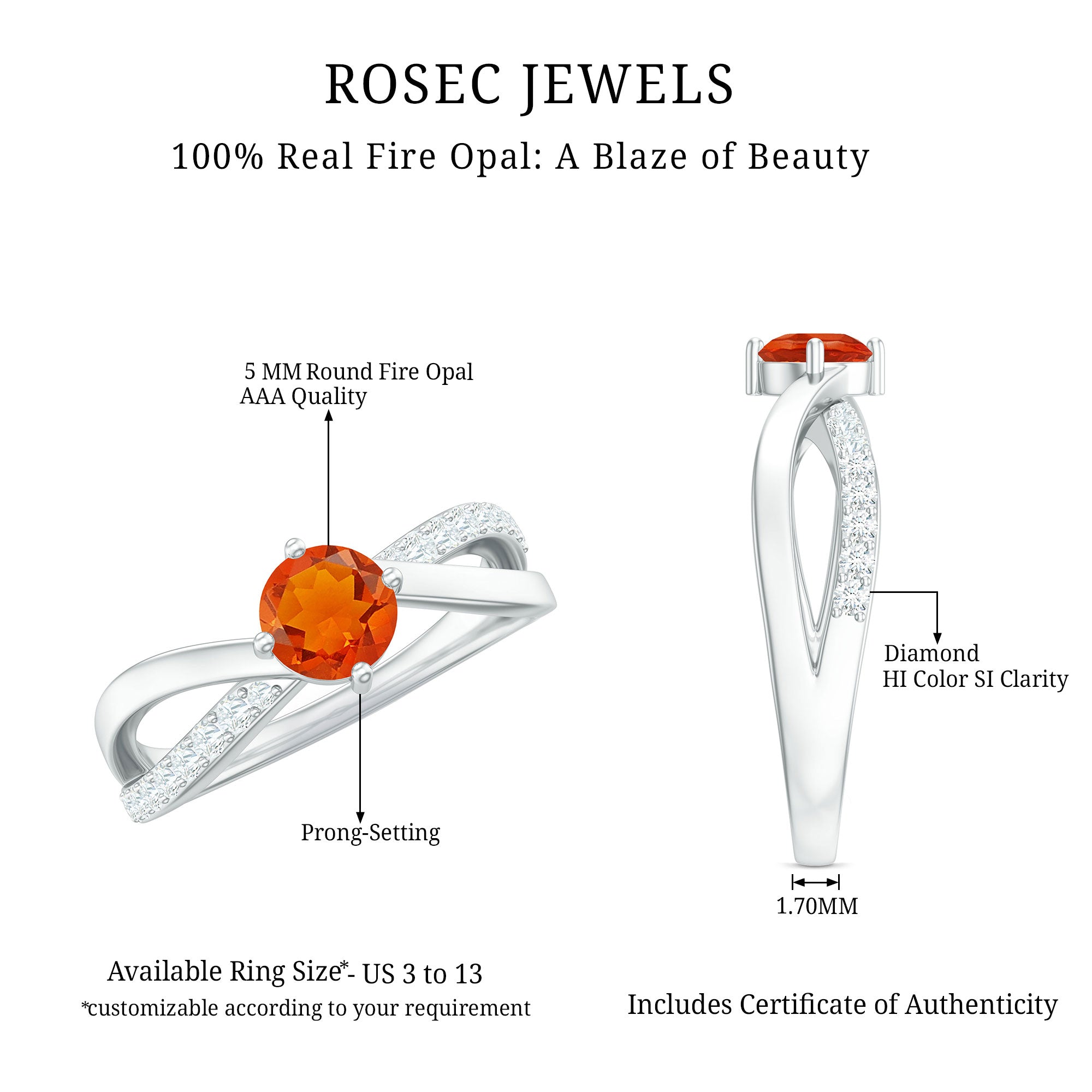 1/2 CT Fire Opal Solitaire and Diamond Infinity Ring AAA - Rosec Jewels