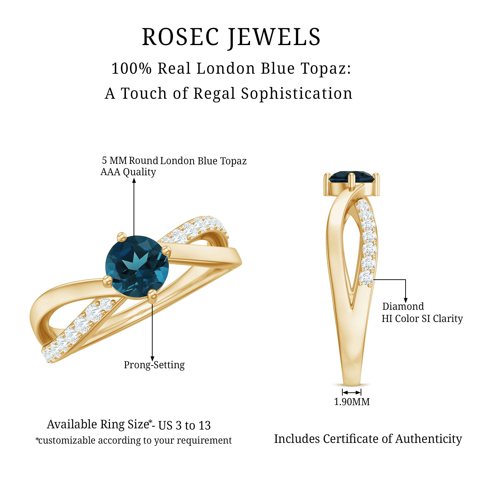 Rosec Jewels-Certified London Blue Topaz Proposal Ring With Diamond