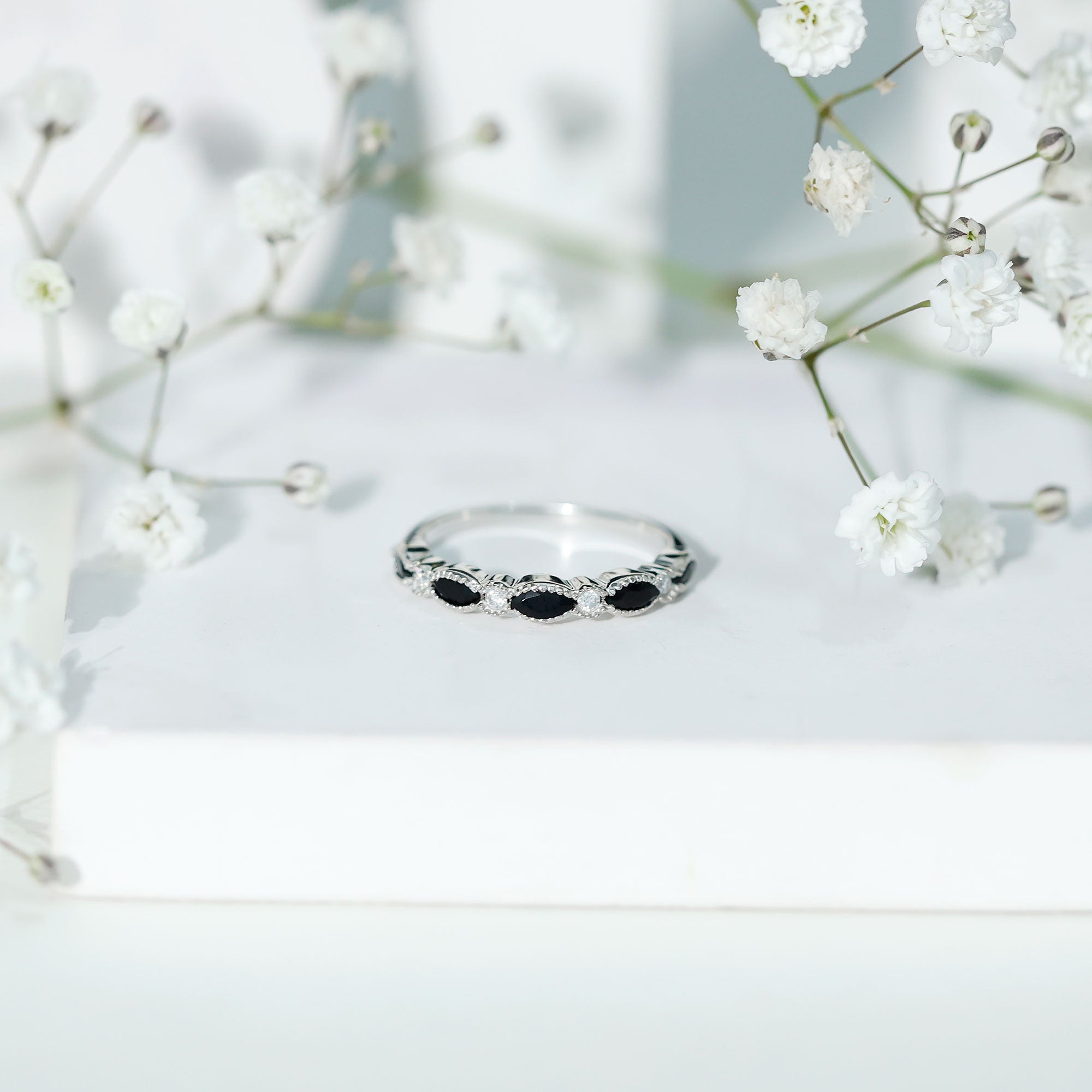 Natural Marquise Cut Black Onyx Half Eternity Band AAA 92.5 Sterling Silver - Rosec Jewels
