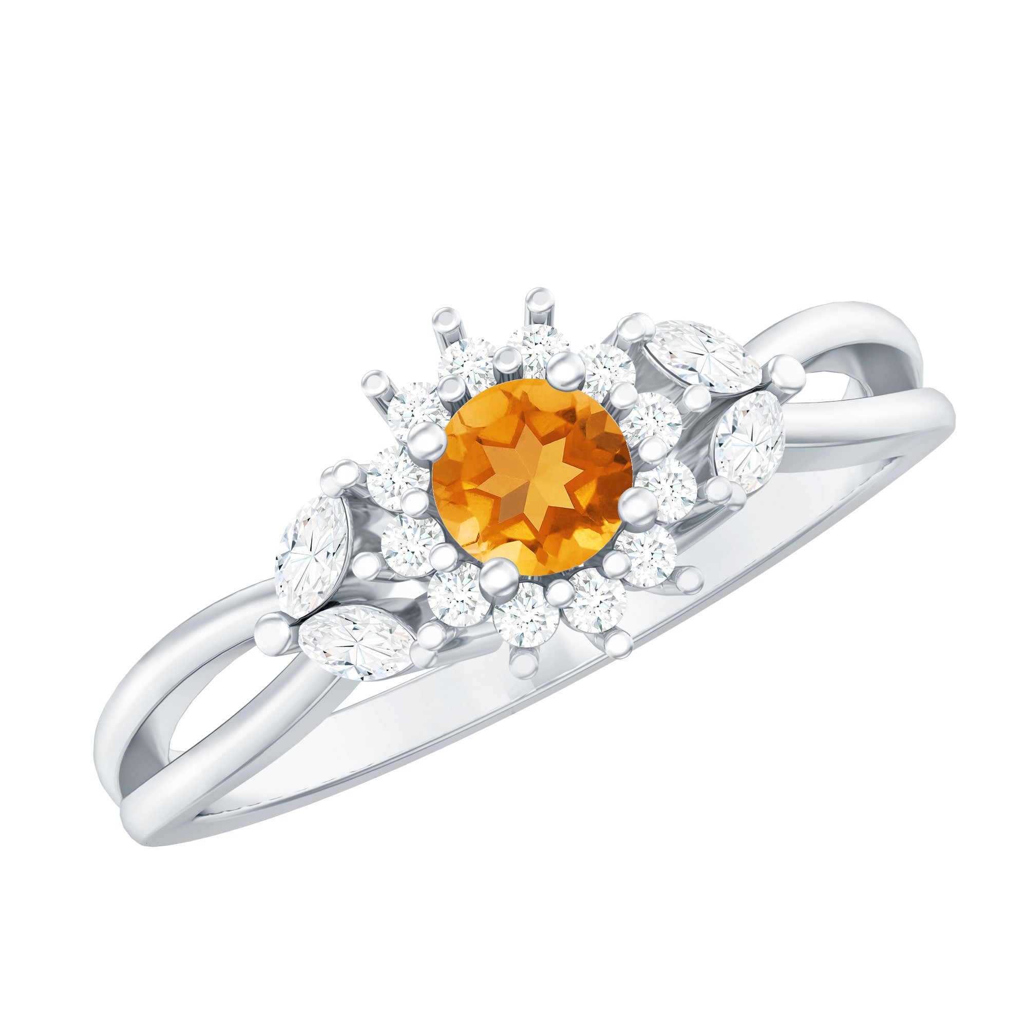 Split Shank Citrine Flower Engagement Ring with Diamond