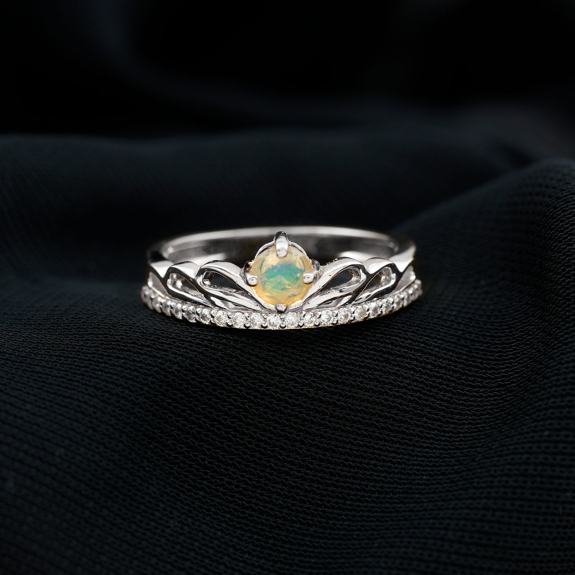 Real Ethiopian Opal and Diamond Crown Band Ring Ethiopian Opal - ( AAA ) - Quality - Rosec Jewels