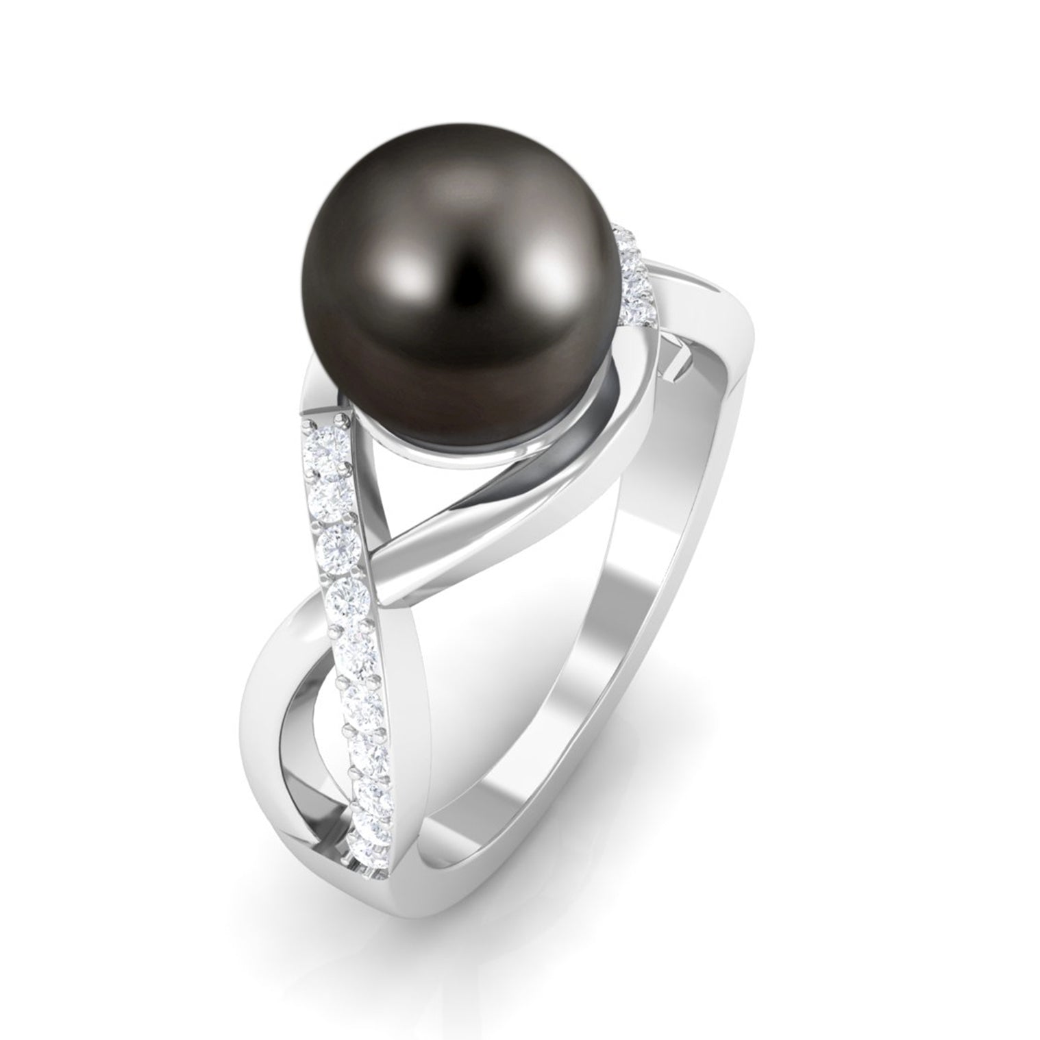 Tahitian Pearl Crossover Diamond Infinity Engagement Ring AAA - Rosec Jewels
