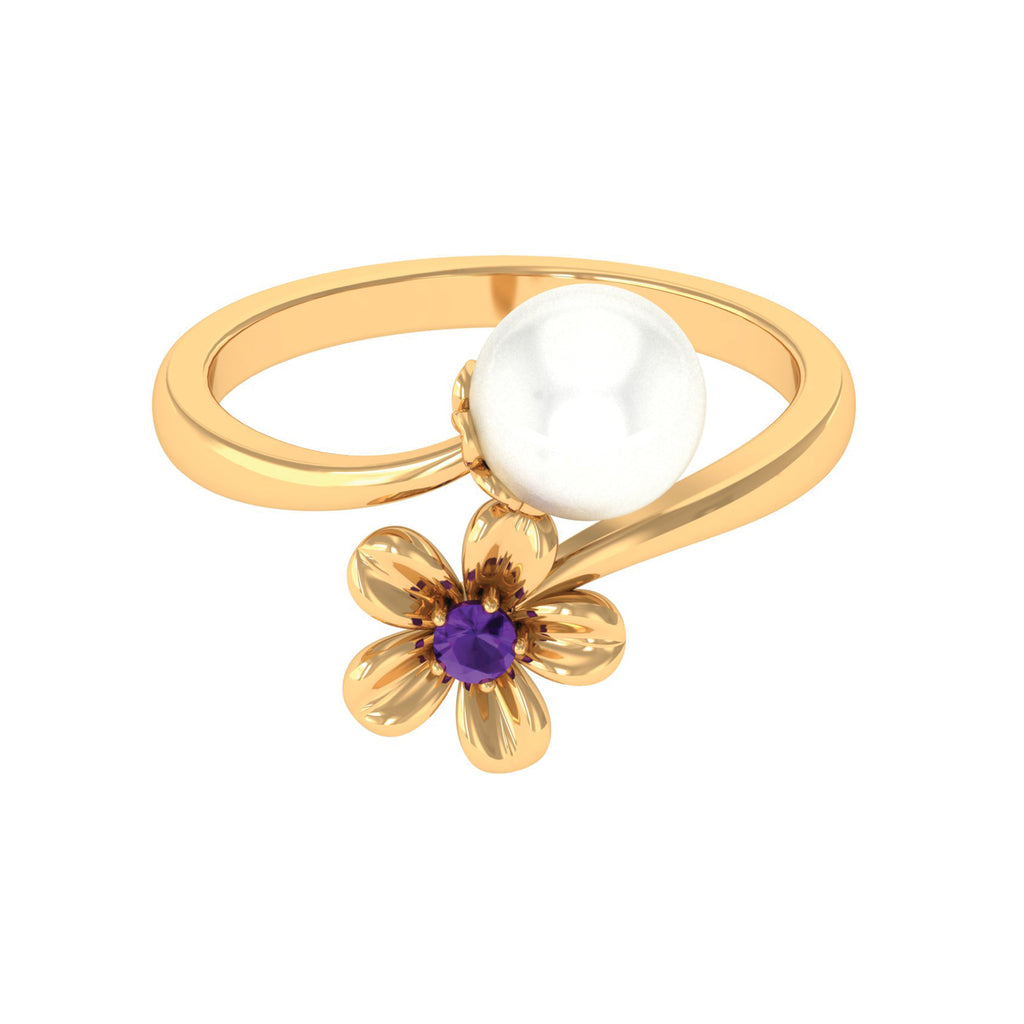 Freshwater Pearl and Amethyst Floral Toi Et Moi Ring Amethyst - ( AAA ) - Quality - Rosec Jewels