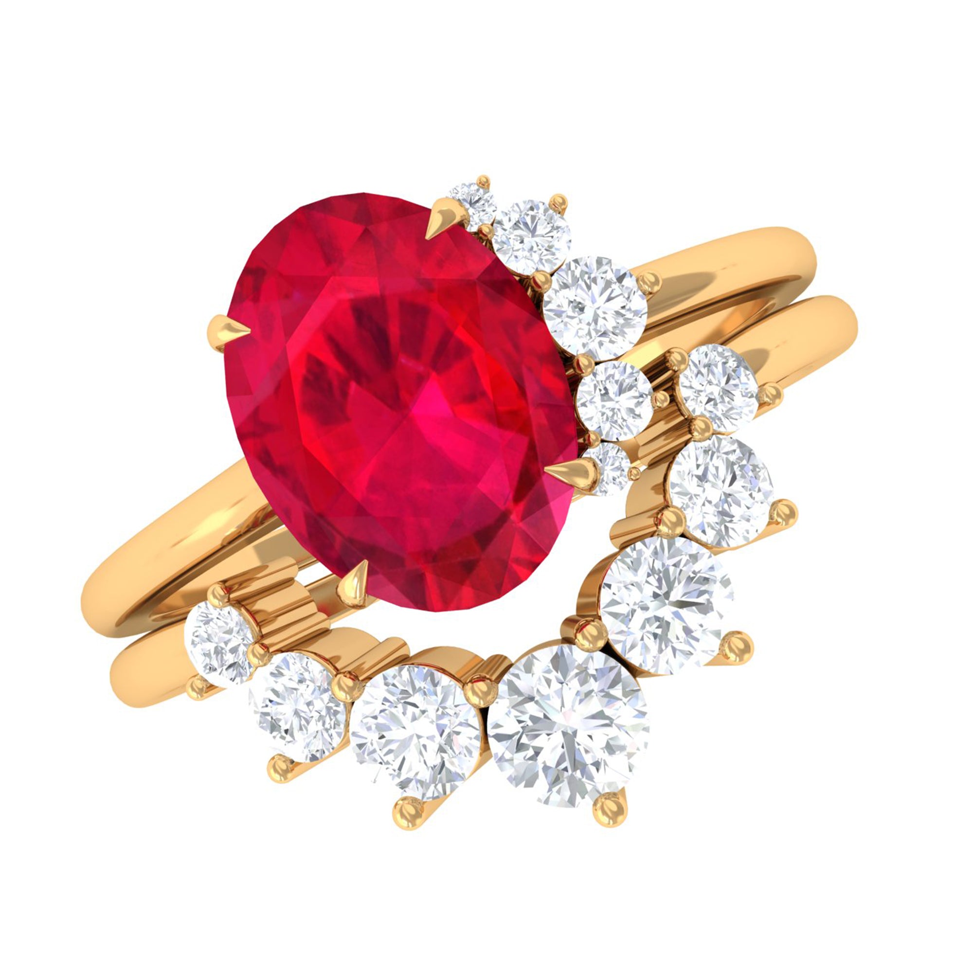 Oval Created Ruby Solitaire Wedding Ring Set with Diamond Lab Created Ruby - ( AAAA ) - Quality - Rosec Jewels
