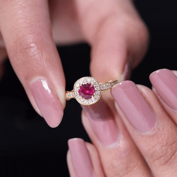 Rosec Jewels-Vintage Inspired Round Created Ruby Engagement Ring with Diamond Halo