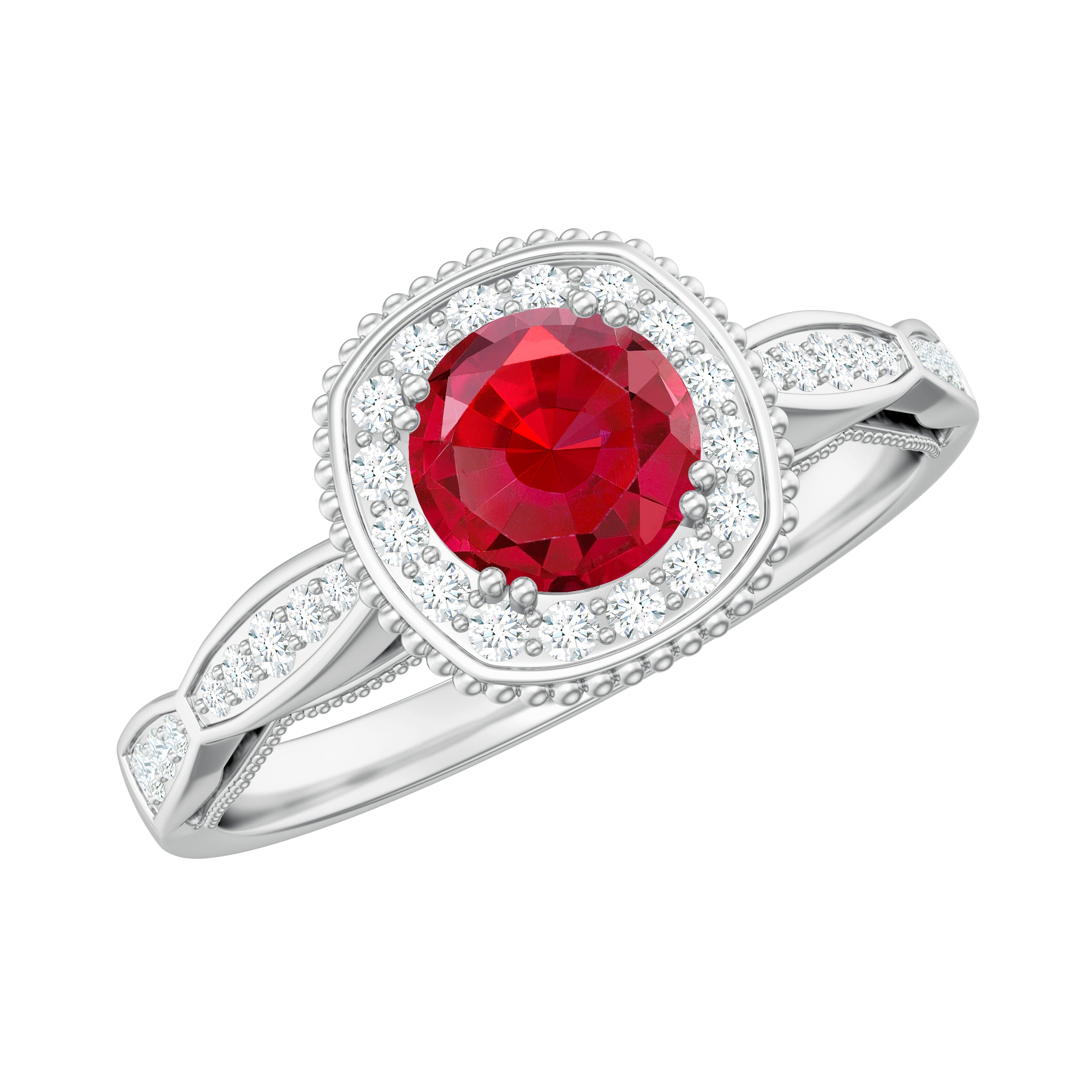Rosec Jewels-Vintage Inspired Round Created Ruby Engagement Ring with Diamond Halo