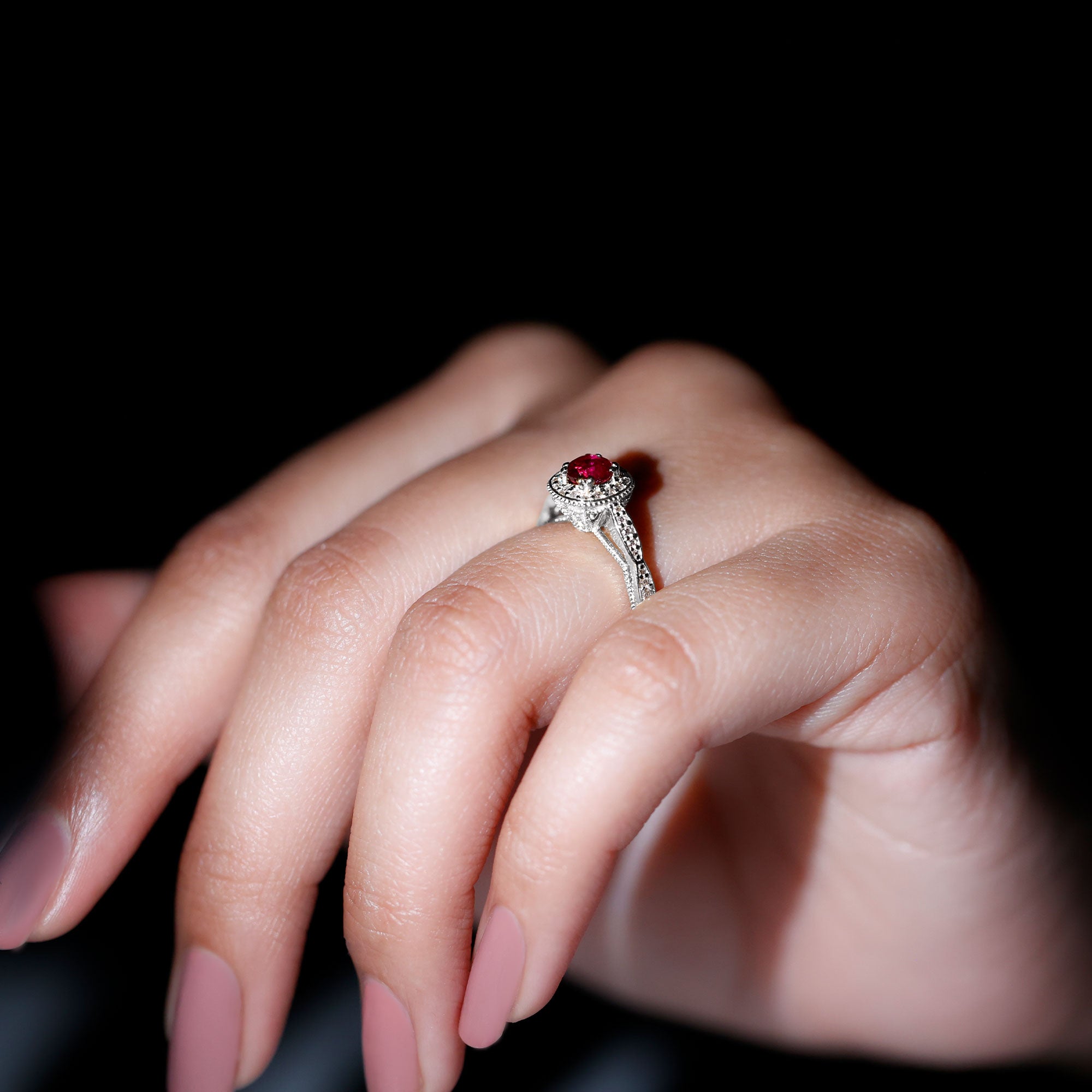 Rosec Jewels-Vintage Inspired Round Created Ruby Engagement Ring with Diamond Halo