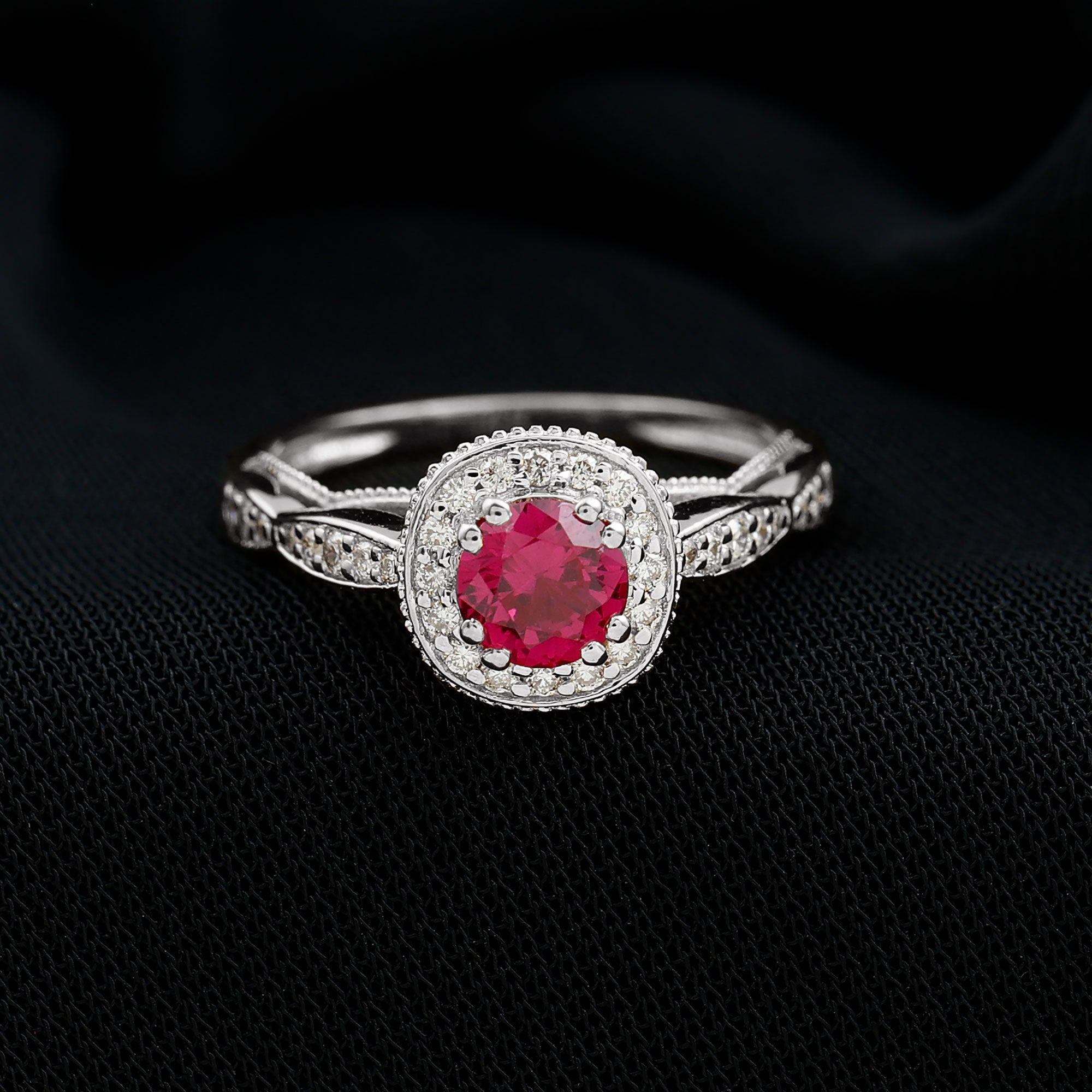 Rosec Jewels-Vintage Inspired Round Created Ruby Engagement Ring with Diamond Halo