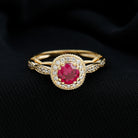 Vintage Inspired Round Created Ruby Engagement Ring with Diamond Halo Lab Created Ruby - ( AAAA ) - Quality - Rosec Jewels
