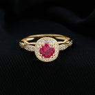 Rosec Jewels-Vintage Inspired Round Created Ruby Engagement Ring with Diamond Halo