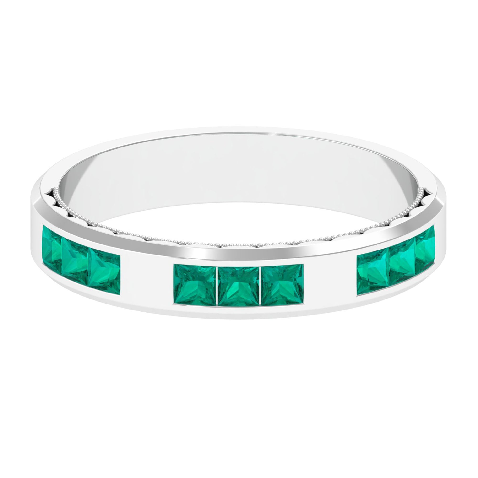 Princess Cut Emerald Wedding Band in Channel Setting Emerald - ( AAA ) - Quality - Rosec Jewels