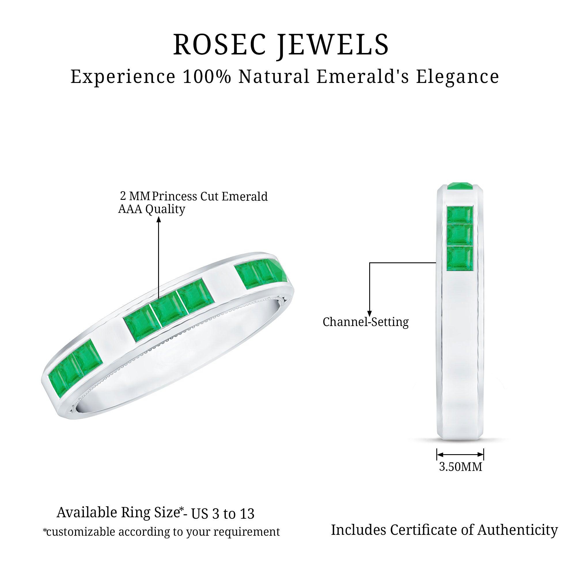 Rosec Jewels-Princess Cut Emerald Mens Wedding Band in Channel Setting