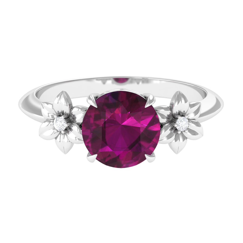 Round Rhodolite Solitaire Flower Engagement Ring with Diamond Rhodolite - ( AAA ) - Quality - Rosec Jewels