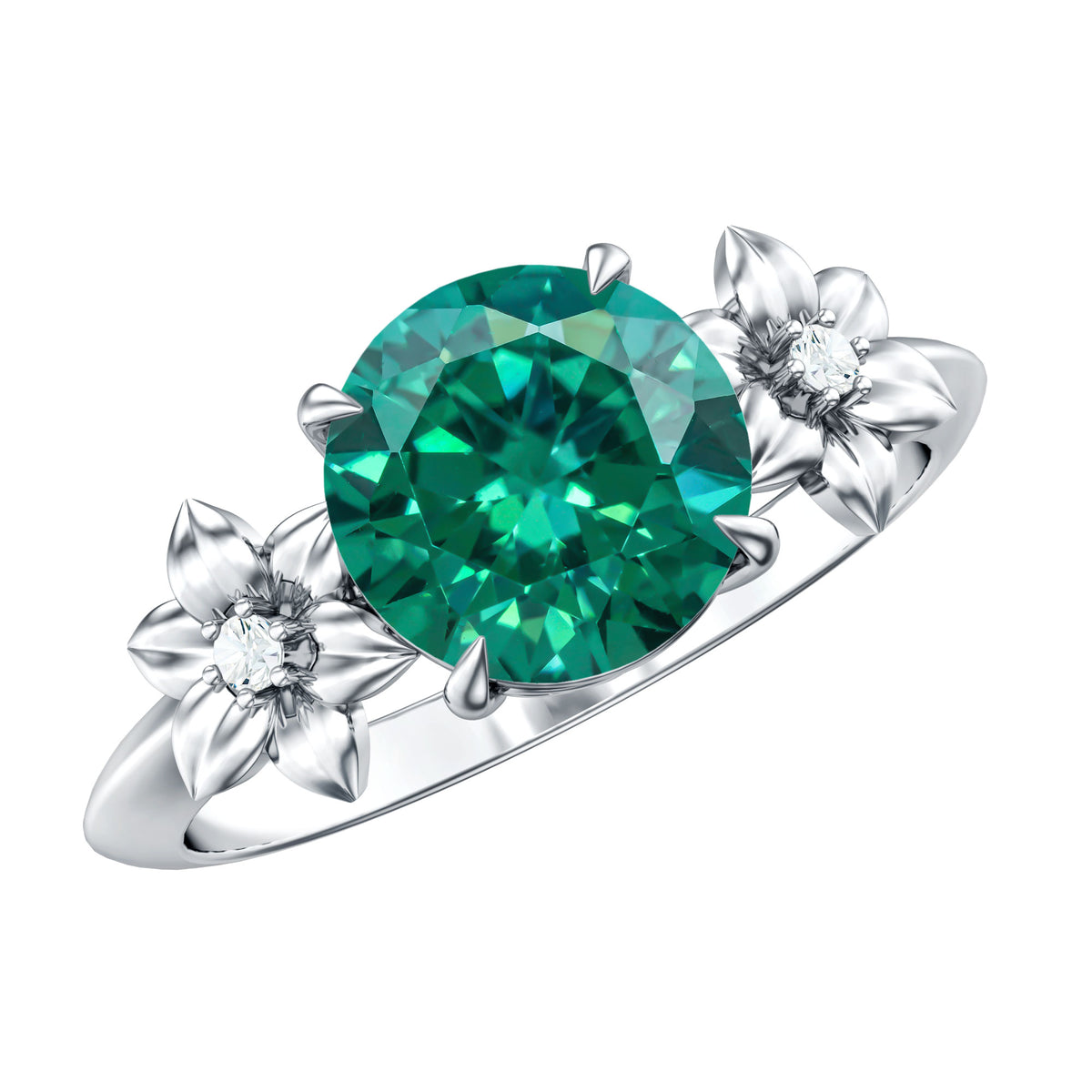 Certified Lab Grown Emerald Flower Engagement Ring with Diamond AAAA - Rosec Jewels