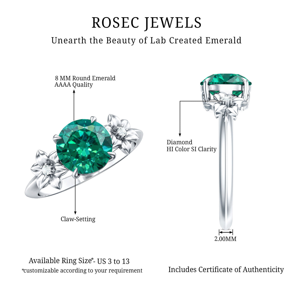 Certified Lab Grown Emerald Flower Engagement Ring with Diamond AAAA - Rosec Jewels