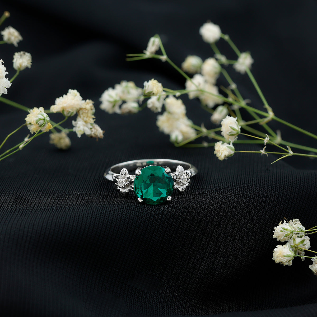 Certified Lab Grown Emerald Flower Engagement Ring with Diamond AAAA - Rosec Jewels