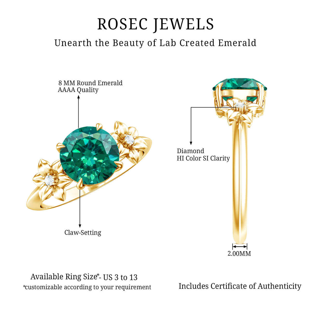 Certified Lab Grown Emerald Flower Engagement Ring with Diamond AAAA - Rosec Jewels